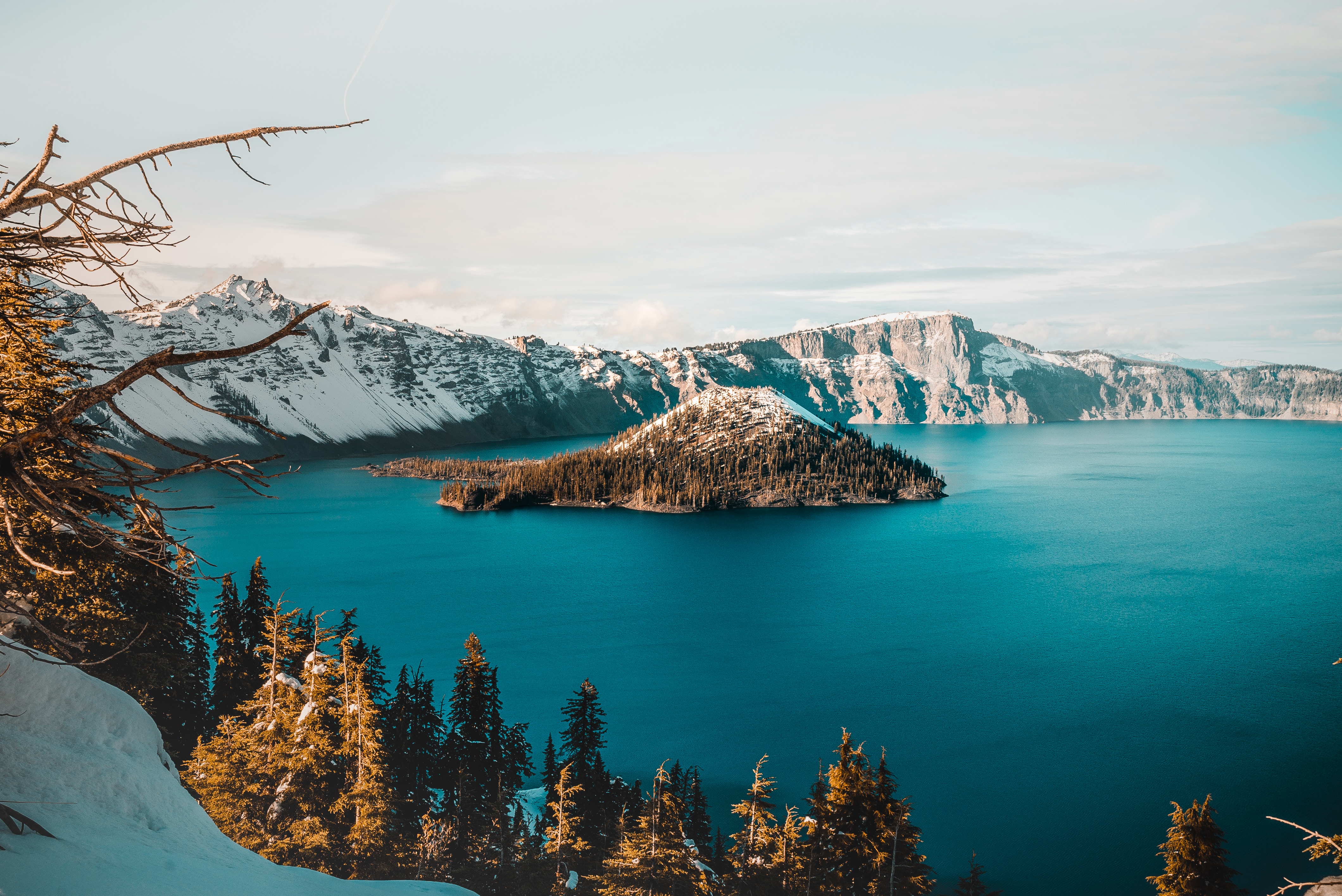 General 4240x2832 landscape nature lake mountains snow trees sky USA island winter Crater Lake (Oregon) water