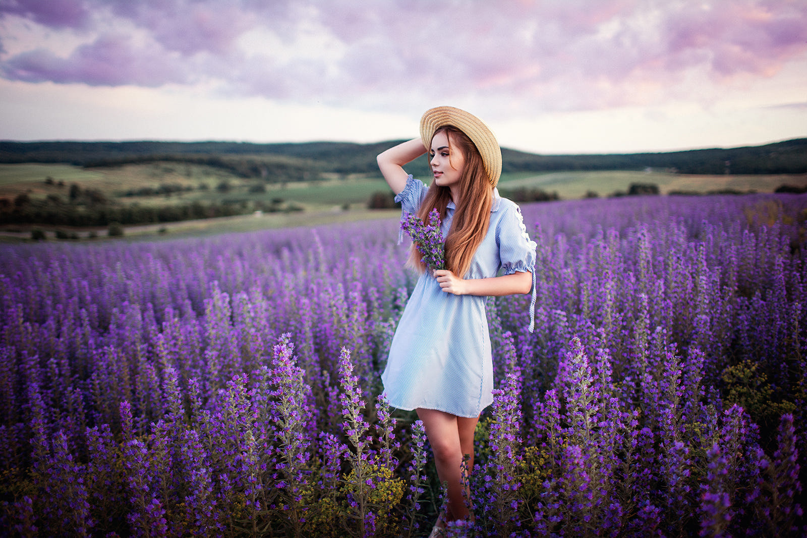 People 1600x1067 women redhead hat women outdoors field lavender flowers dress Sergey Shatskov