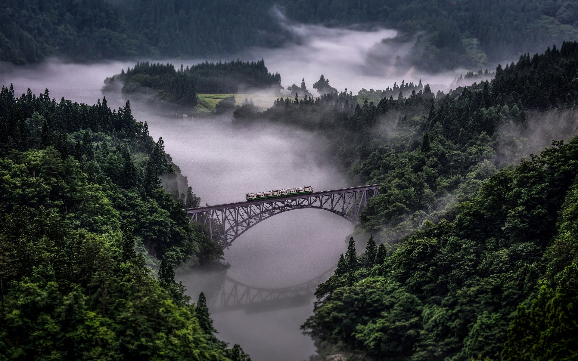 General 1920x1200 nature landscape train bridge forest mist reflection river