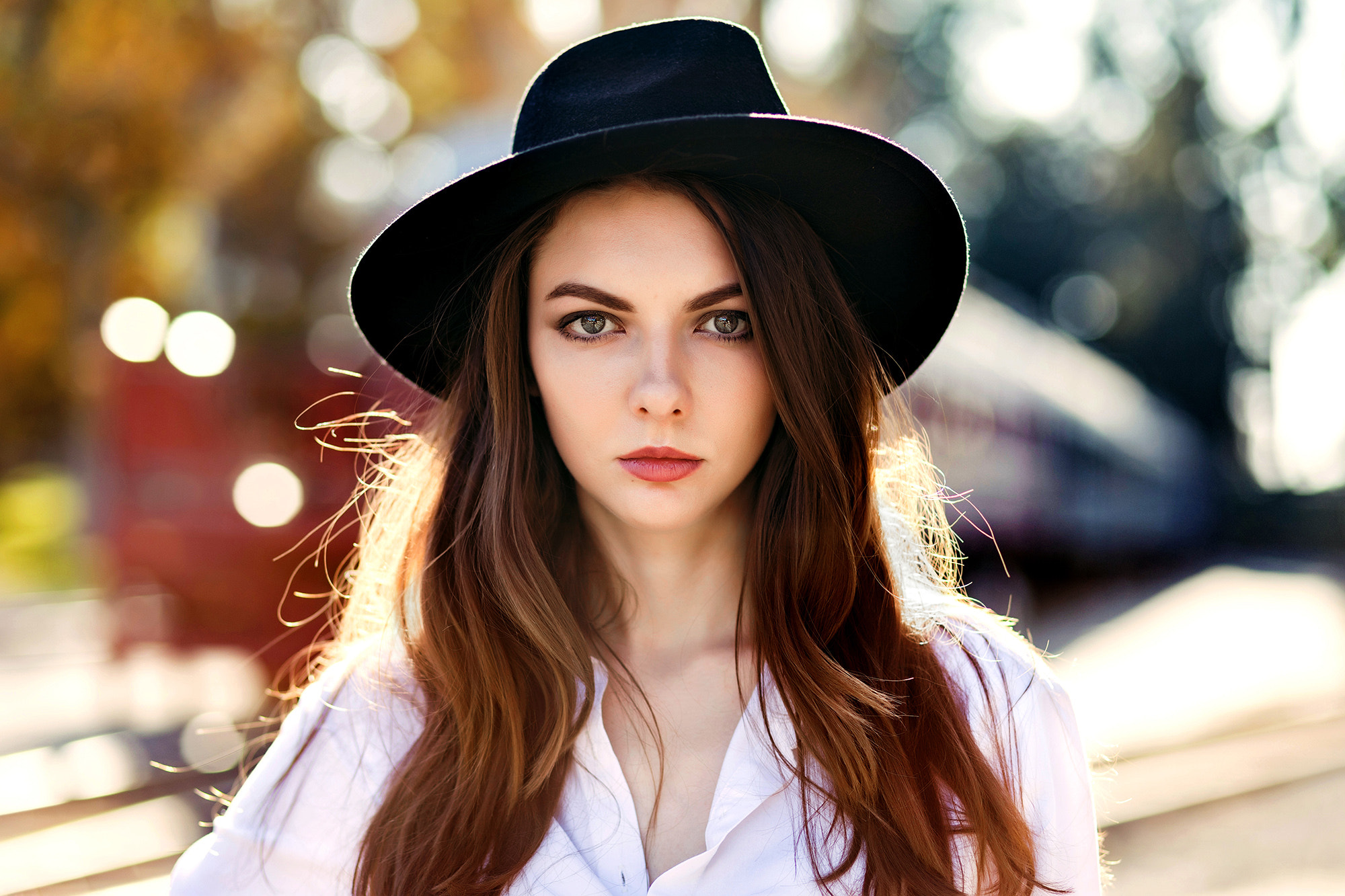 People 2000x1333 women portrait hat depth of field face women outdoors looking at viewer long hair millinery white shirt