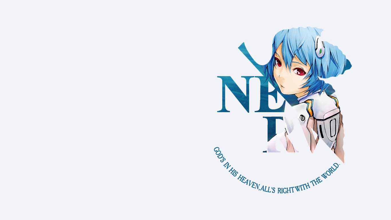Anime 1366x768 anime Neon Genesis Evangelion red eyes blue hair simple background white background