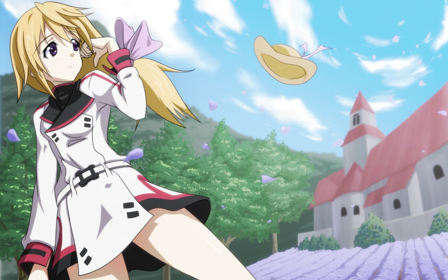 Anime 1440x900 anime Infinite Stratos anime girls blonde outdoors purple eyes hat