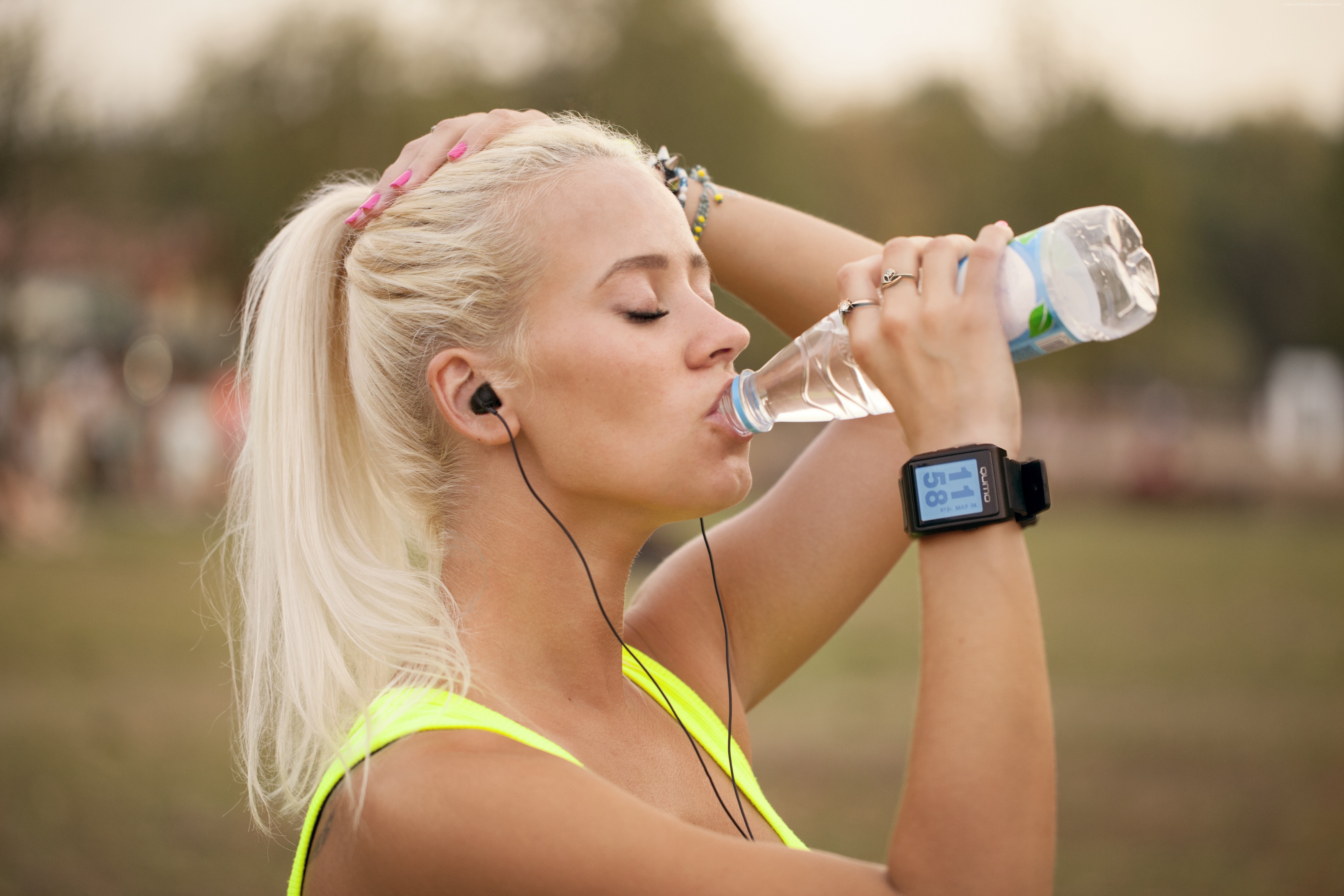 People 5335x3557 blonde earphones watch hands on head closed eyes bottles yellow clothing women model portrait pink nails drinking ponytail