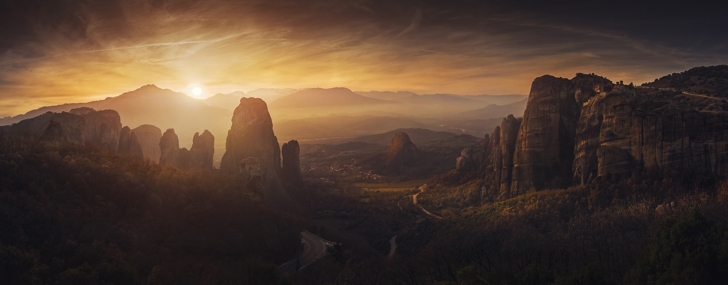 General 2500x979 nature photography landscape panorama sunset monastery rocks mountains valley road sky mist Meteora Greece