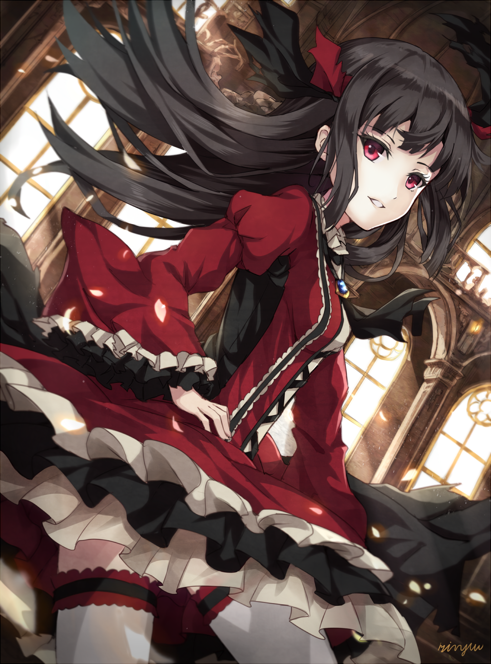 Anime 1572x2128 anime anime girls long hair brunette red eyes stockings parted lips white stockings frill dress long sleeves signature smiling portrait display frills looking at viewer petals wide sleeves hair ribbon
