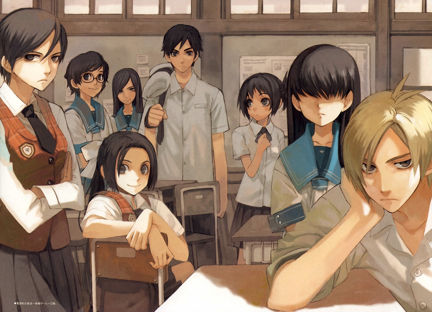 Anime 1662x1200 Denpa teki na Kanojo Ame Ochibana school uniform classroom looking at viewer dark hair blonde