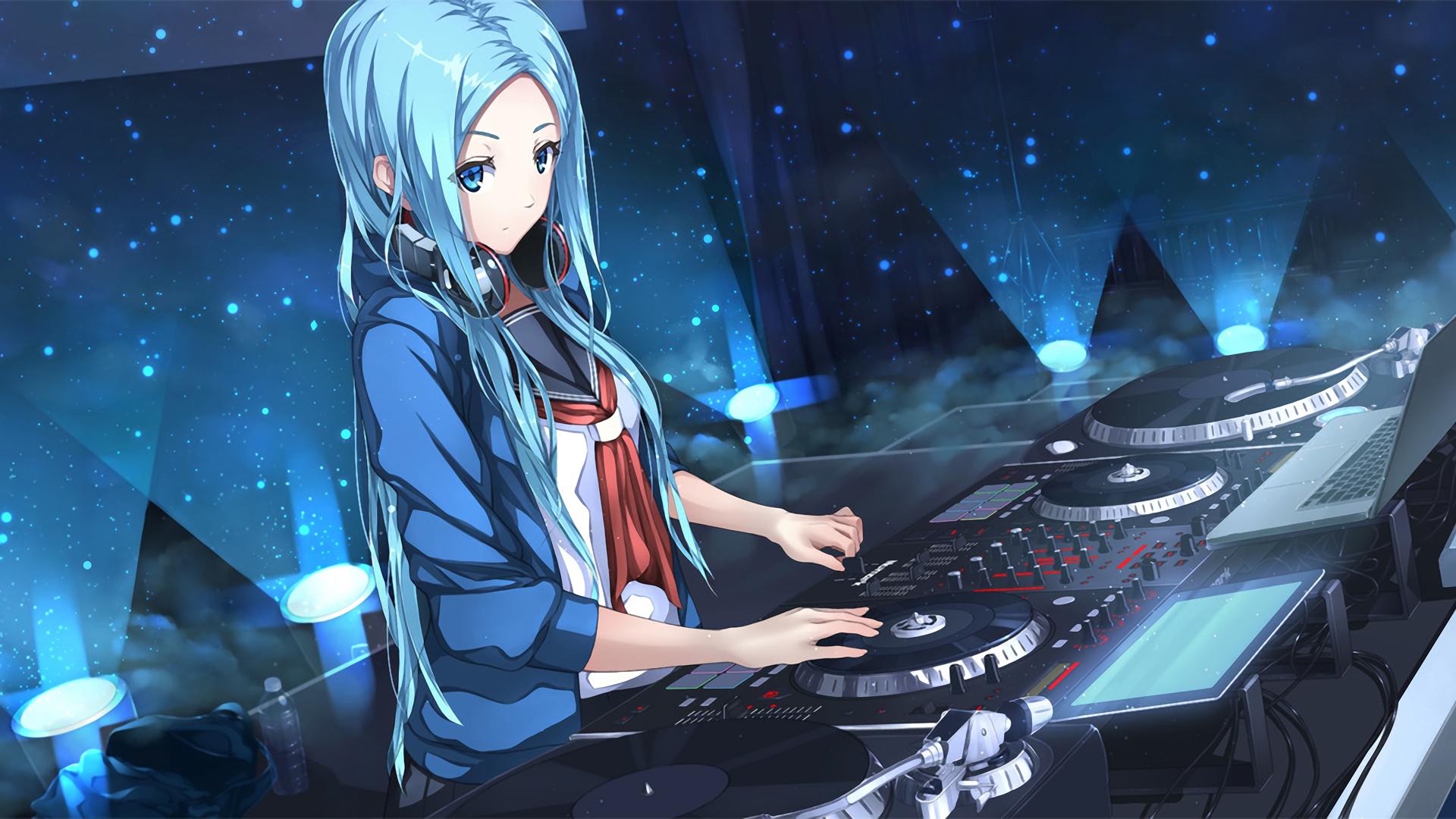 Anime 1920x1080 anime anime girls long hair blue hair blue eyes headphones DJ