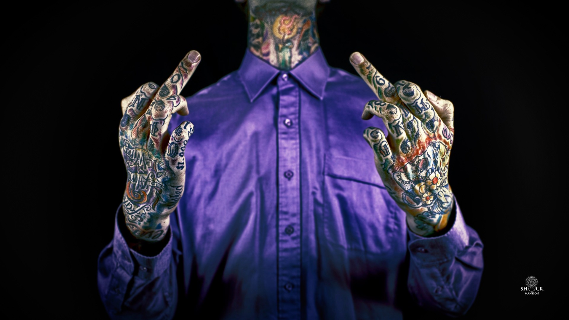 People 1920x1080 tattoo shirt hands middle finger purple