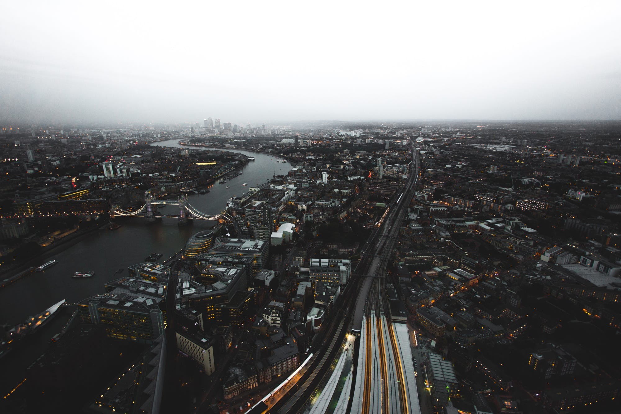 General 2000x1334 cityscape river mist building skyscraper bridge London Tower Bridge lights UK aerial view