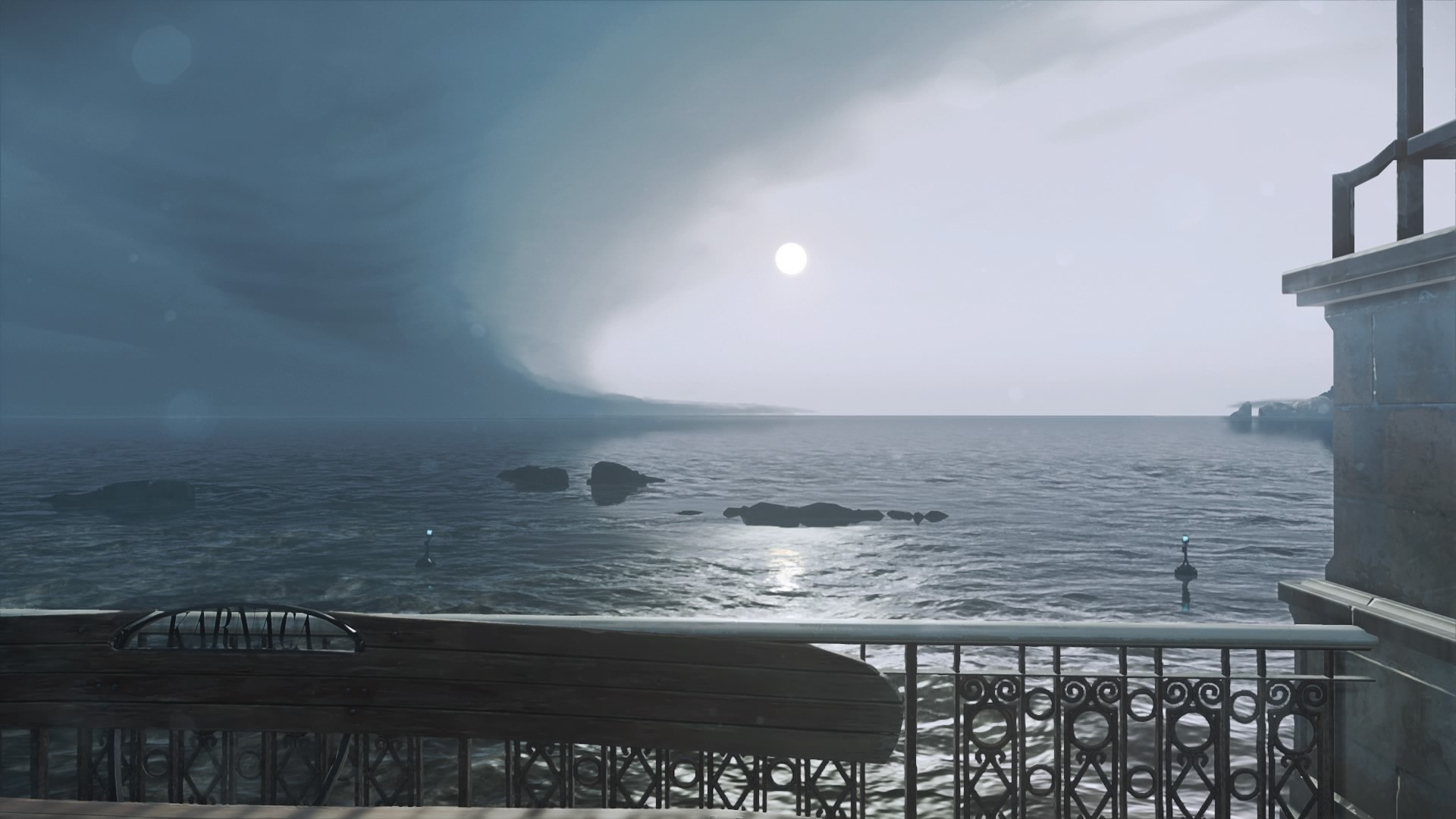 General 1920x1080 karnaka dishonored 2 Dishonored Dunwall landscape clouds bench coast island steampunk