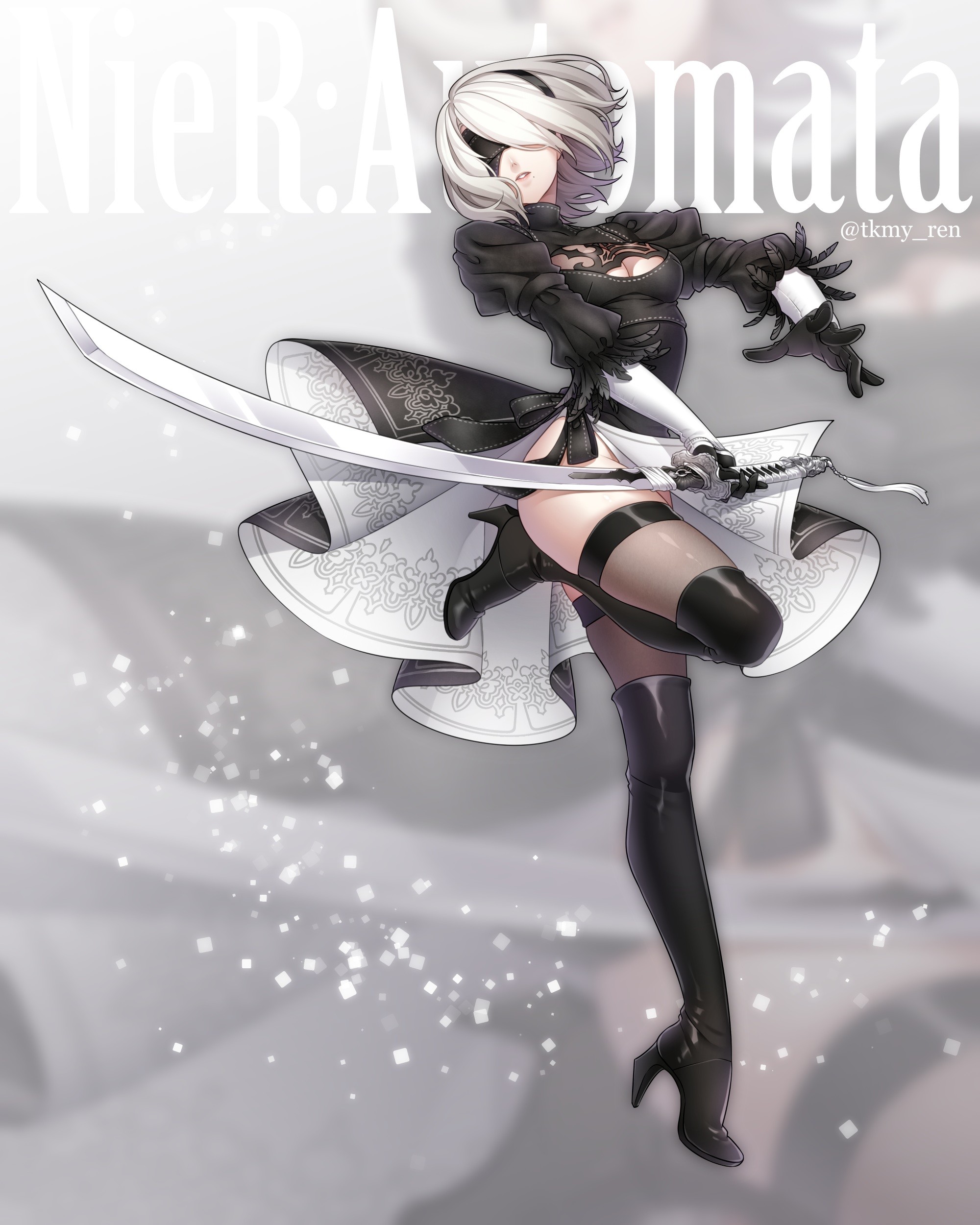 Anime 2000x2500 cleavage black dress Nier heels Nier: Automata sword thigh-highs 2B (Nier: Automata)