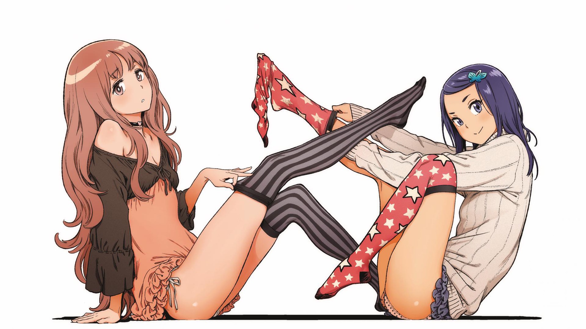 Anime 1920x1080 anime girls legs sitting white background anime stockings socks pulling socks striped stockings bent legs pointed toes OTK socks red socks two women legs up sweater looking at viewer