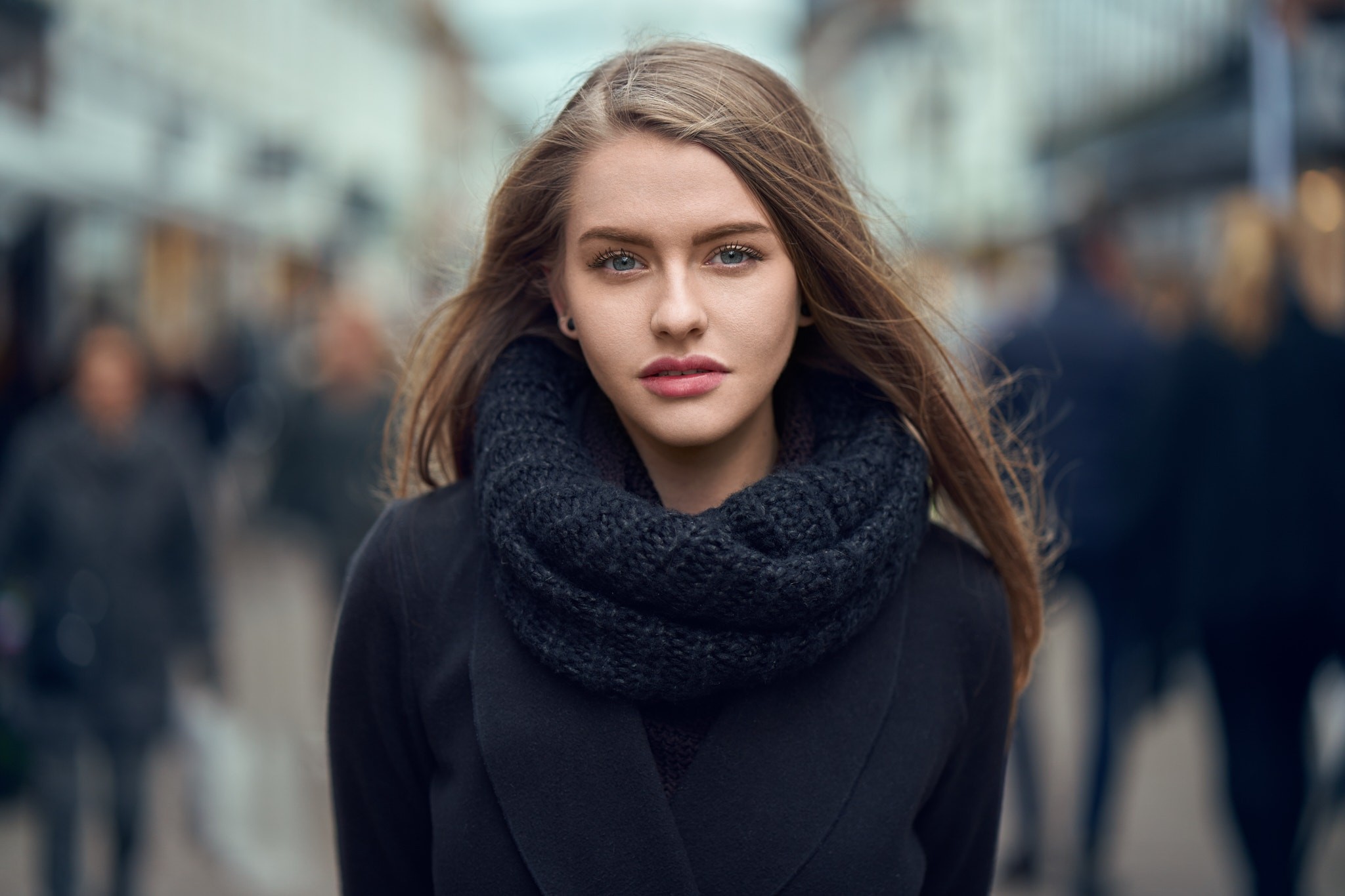 People 2048x1366 women face portrait depth of field scarf black coat coats model blue eyes brunette black scarf