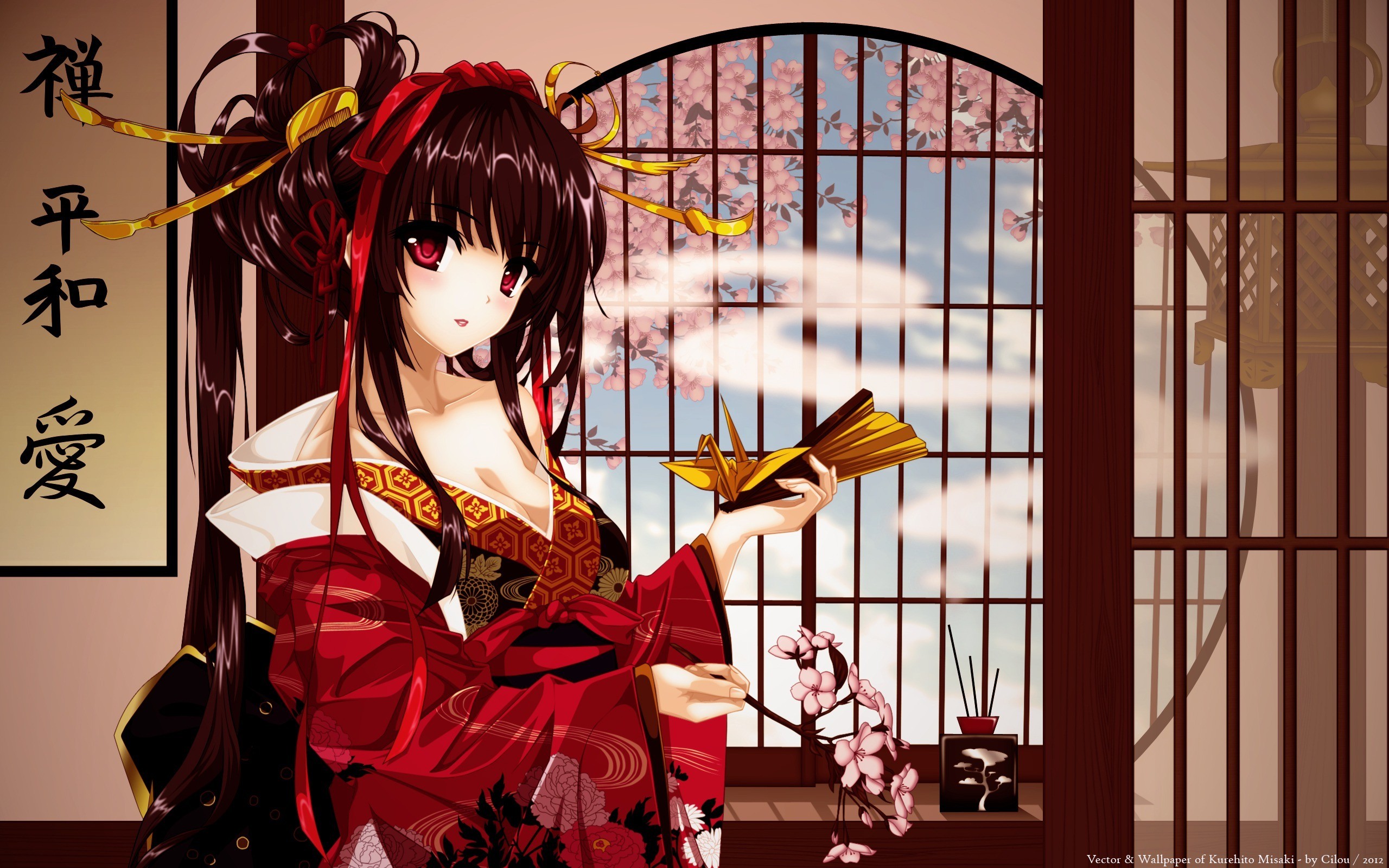 Anime 2560x1600 anime girls kimono red eyes dark hair anime
