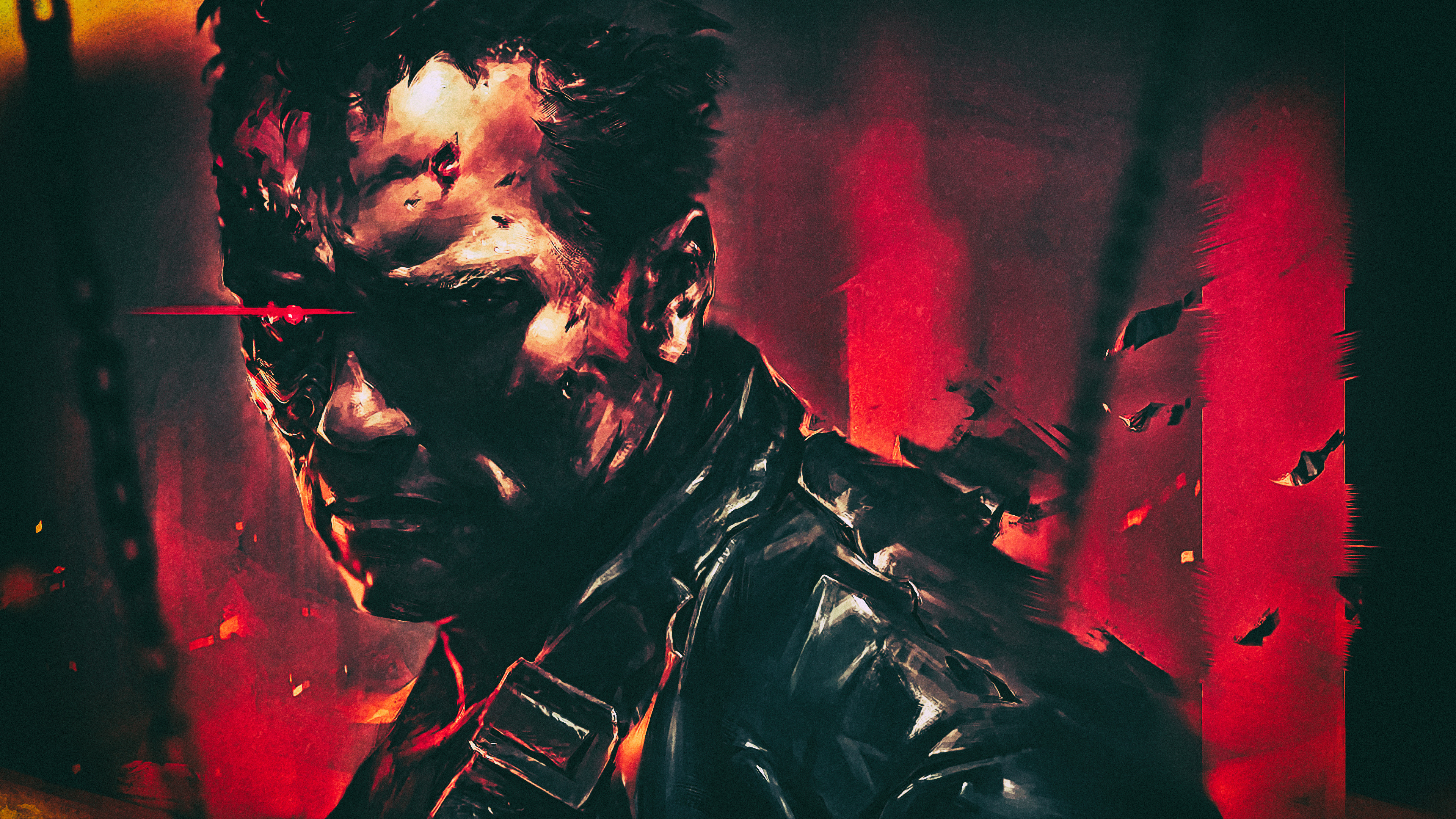 General 3840x2160 Terminator 2 T-800 cyborg Arnold Schwarzenegger chains drawing fire Terminator artwork red red background leather jacket movies men machine wounds red eyes digital art