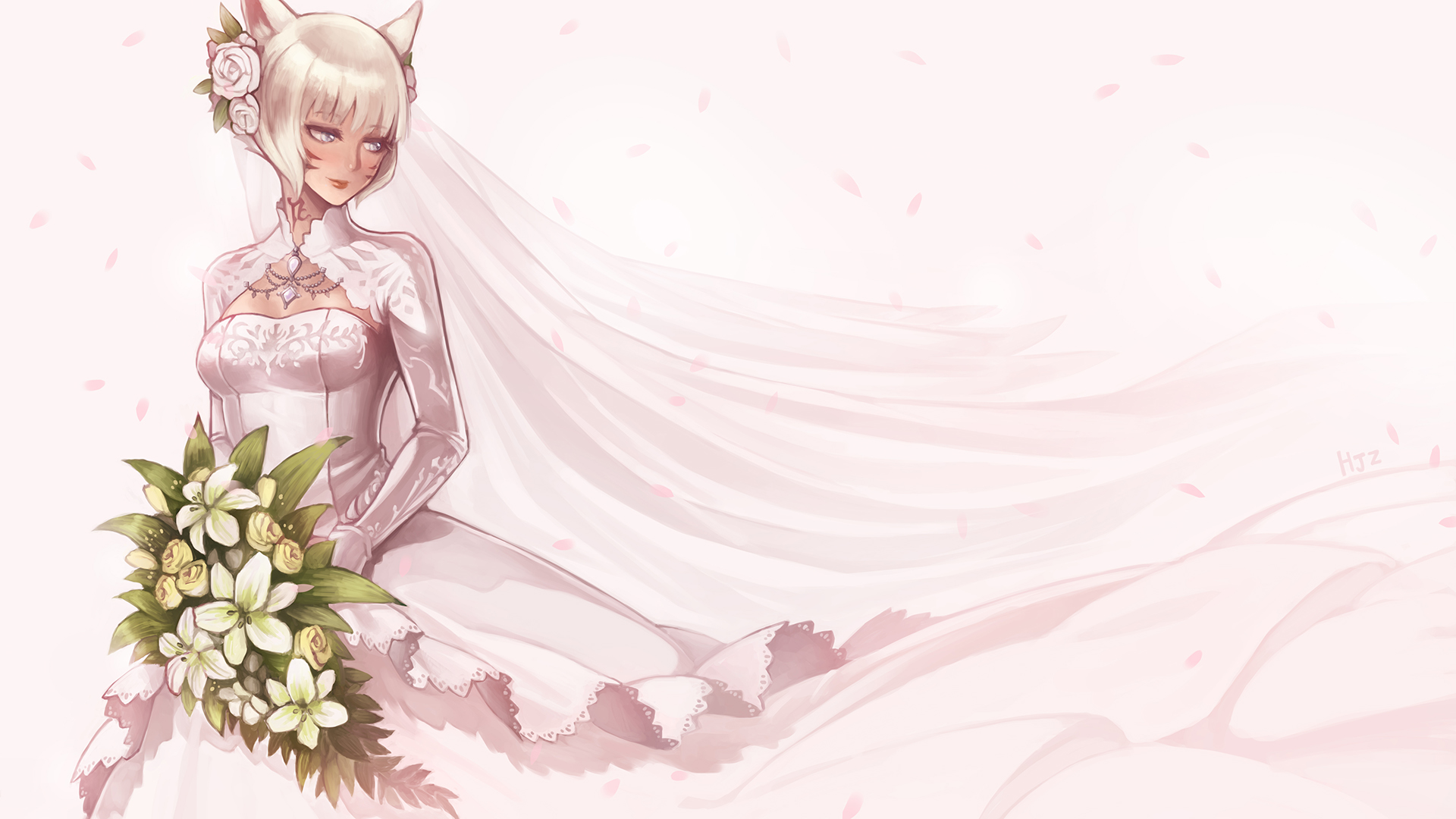 Anime 1920x1080 wedding dress weddings gloves petals cat ears Miqo'te Y'shtola