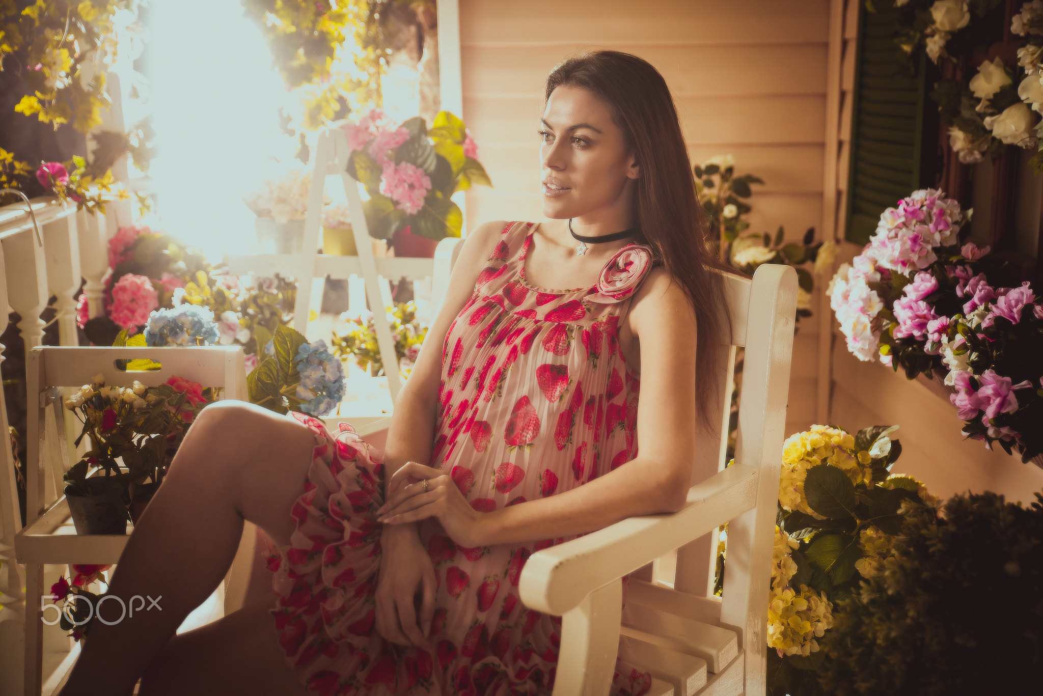 People 2048x1367 Cristian Negroni women flowers chair model looking away dress brunette overexposed 500px watermarked