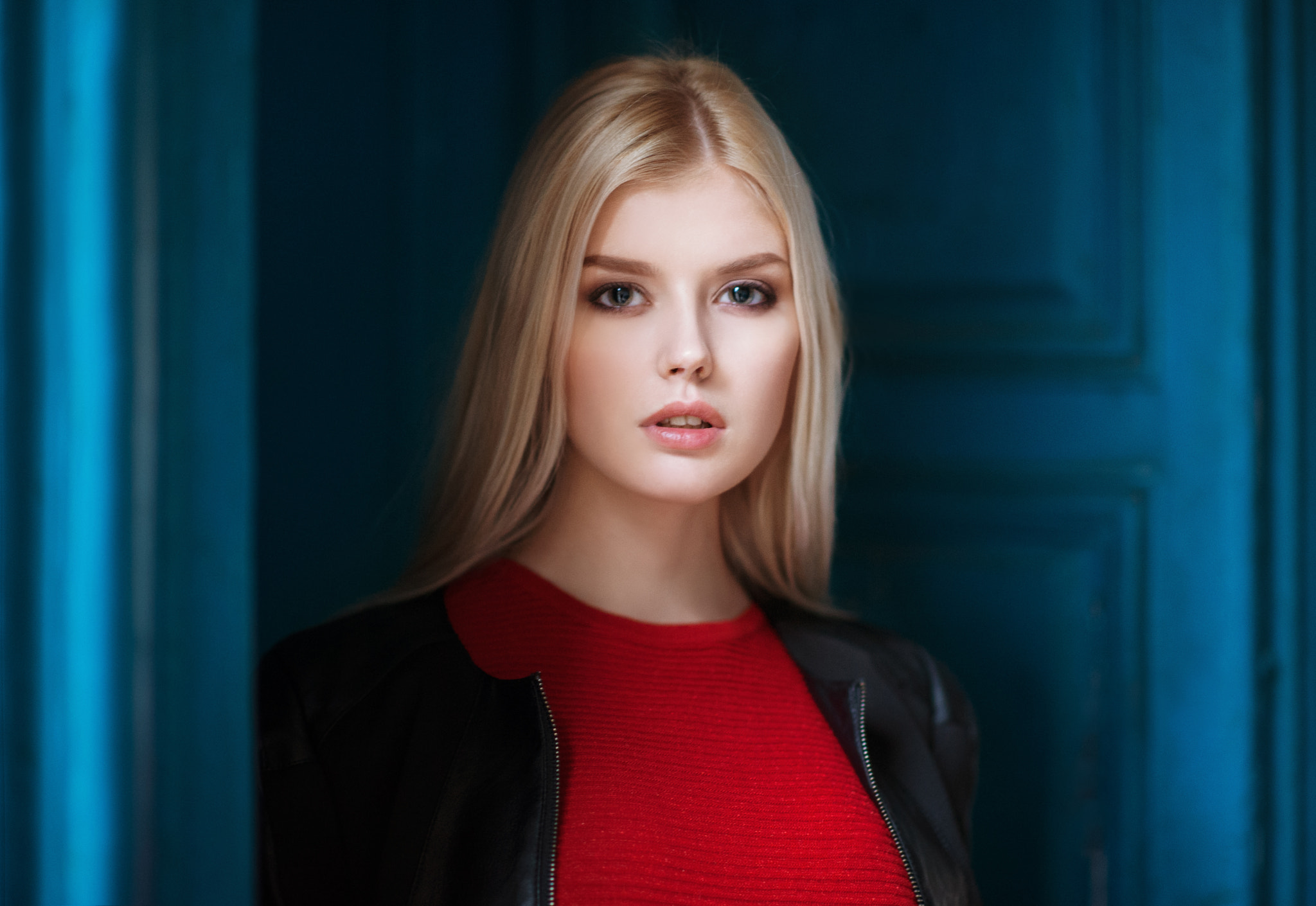 People 2048x1410 women blonde Maxim Maximov portrait Selena Verner red sweater