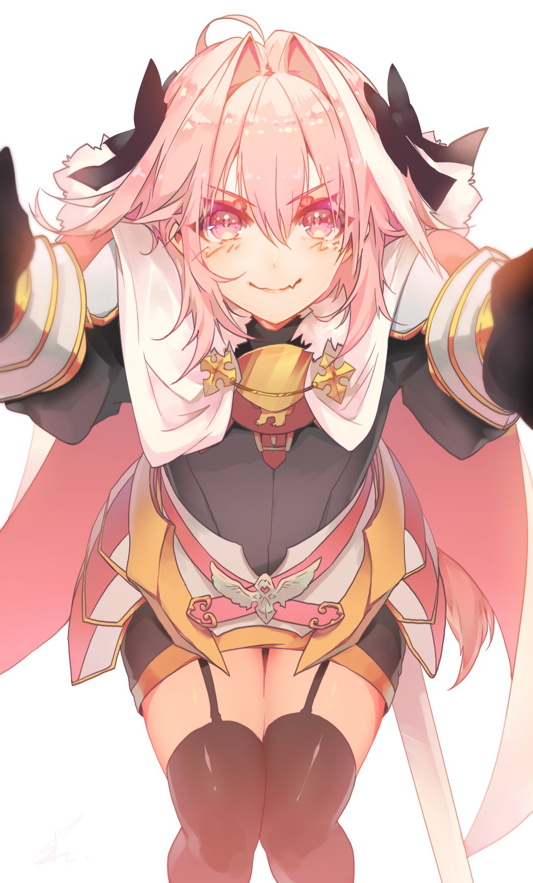 Anime 1044x1728 Fate series Fate/Apocrypha  anime boys femboy armor sword smiling blushing fangs curvy bent over garter straps black stockings zettai ryouiki POV looking at viewer purple eyes two tone hair black ribbons legs together 2D Astolfo (Fate/Apocrypha) anime pink hair white hair long hair hair in face bangs thighs simple background portrait display Fate/Grand Order ahoge black gloves cape thick thigh miniskirt Saihate d3 fan art