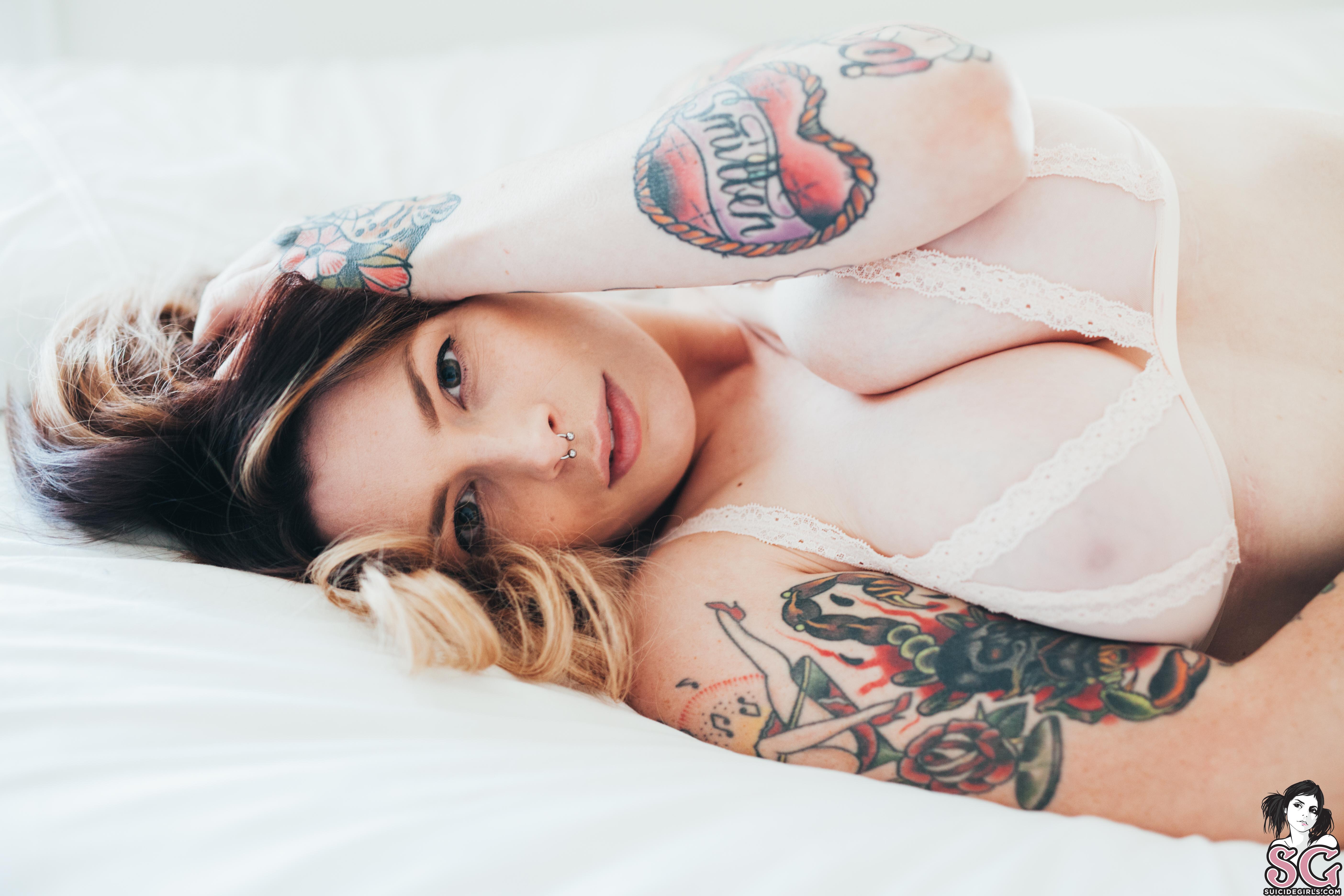 People 5616x3744 Suicide Girls brunette bedroom bed tattoo Peggysue Suicide white lingerie women