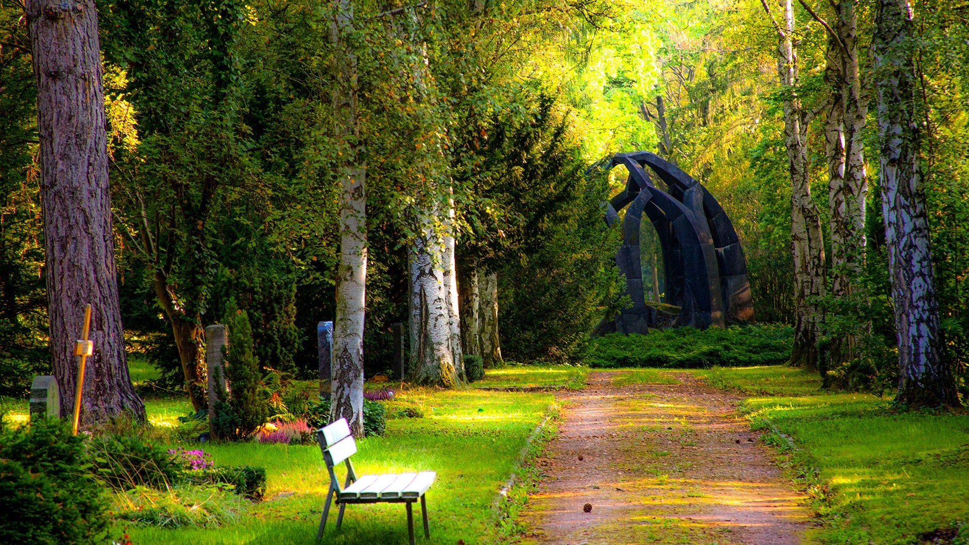 General 1920x1080 park trees plants bench dirt road grass monuments cemetery