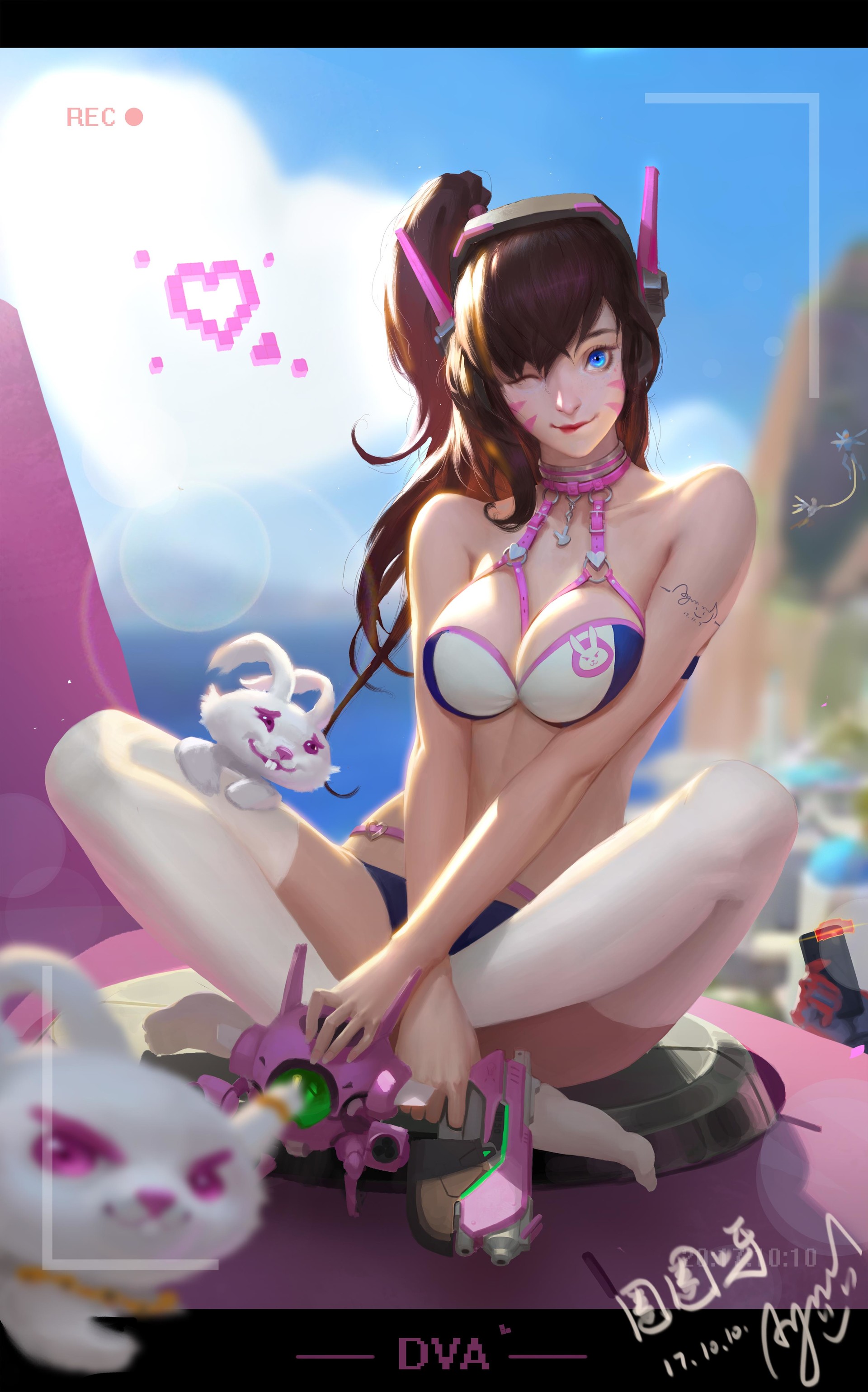 Anime 1920x3078 D.Va (Overwatch) Overwatch cleavage thigh-highs blue eyes