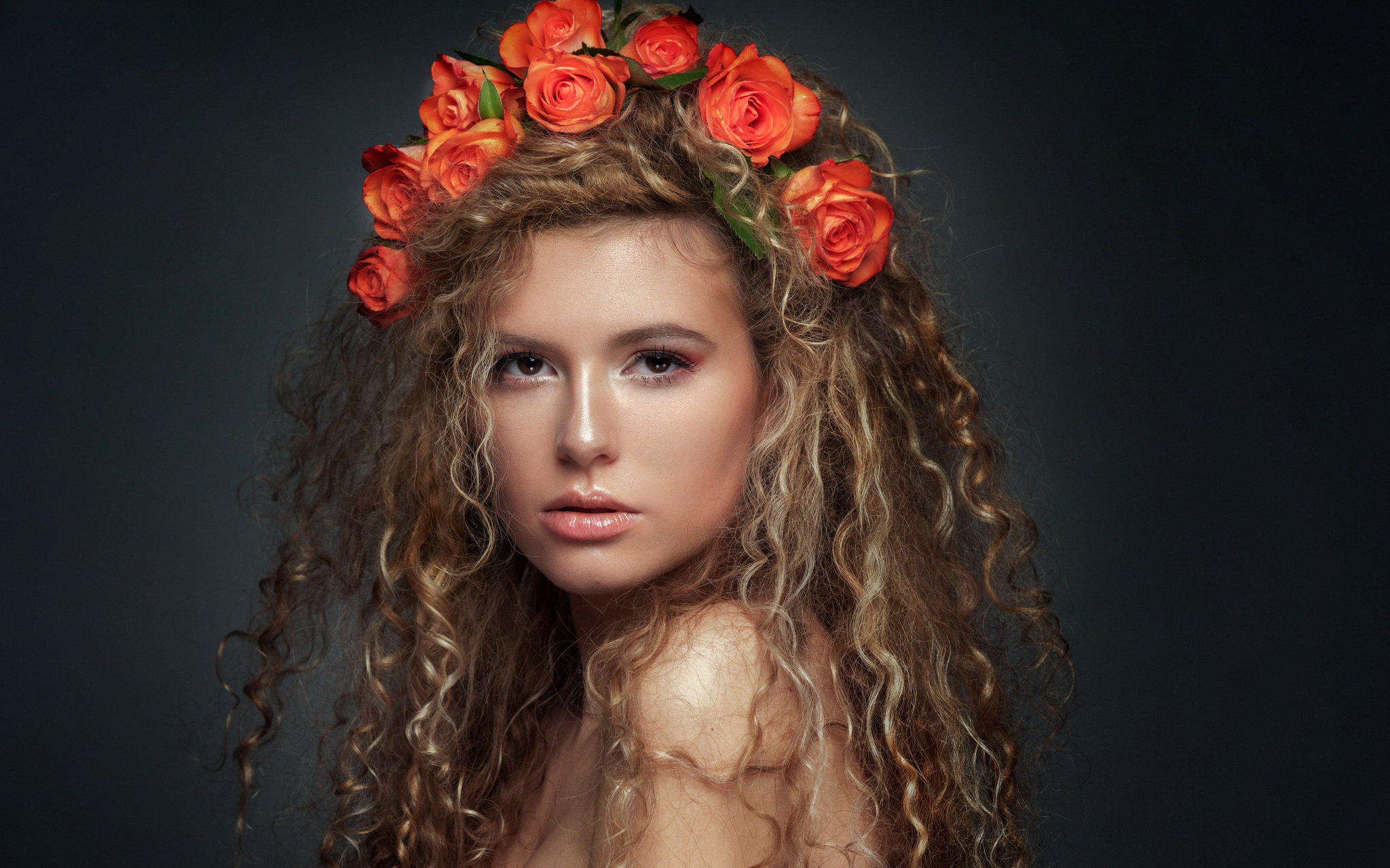People 2048x1279 simple background curly hair long hair flower in hair face women portrait