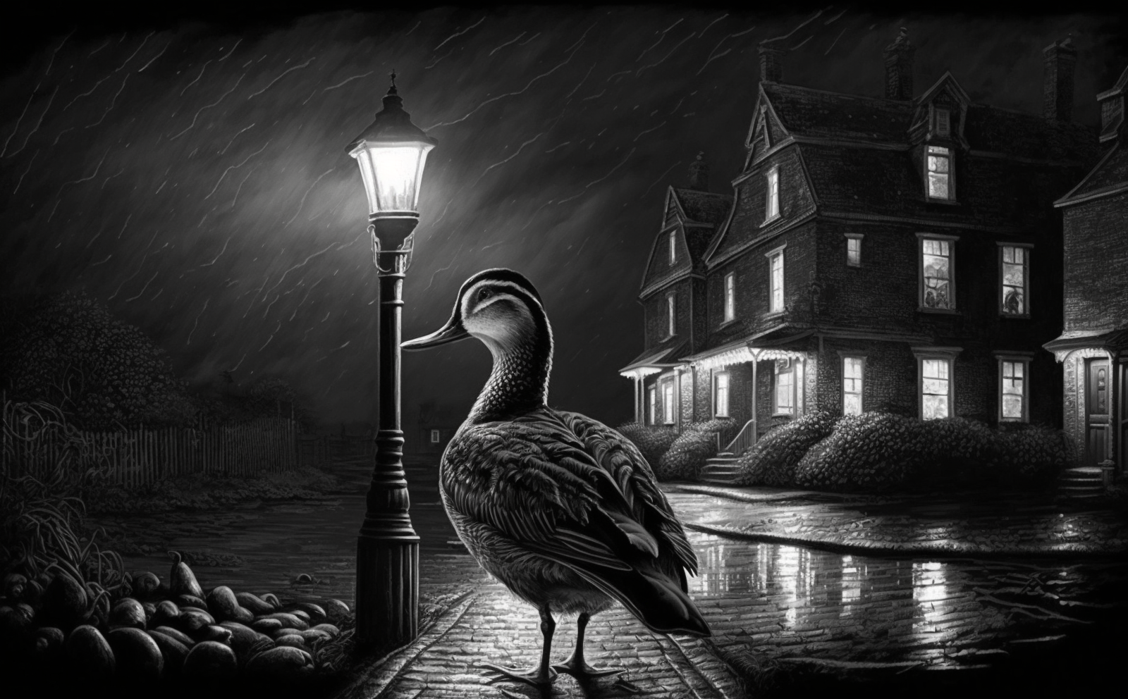 General 1600x992 duck noir lamp post monochrome animals AI art rain