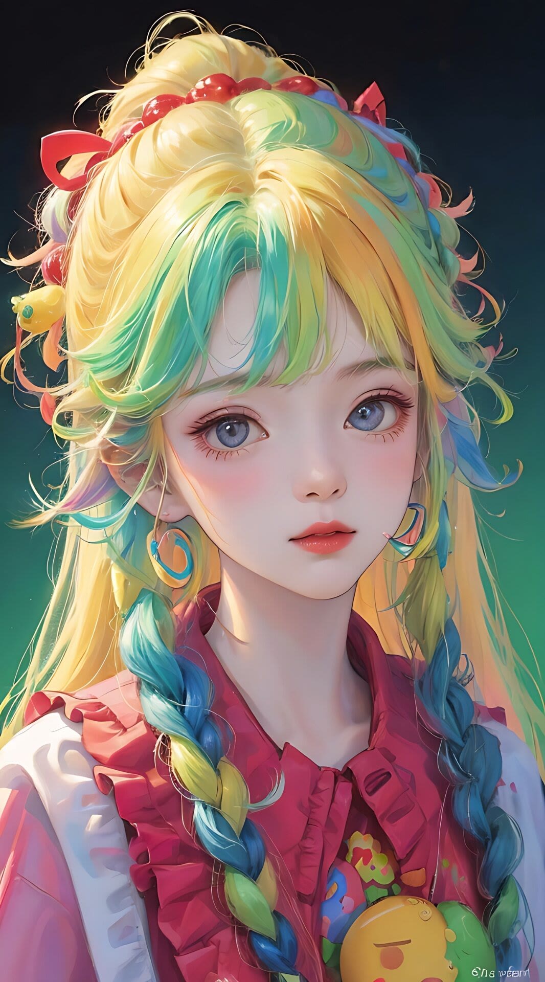 Anime 1066x1920 AI art Asian women colorful portrait display braids twintails looking at viewer