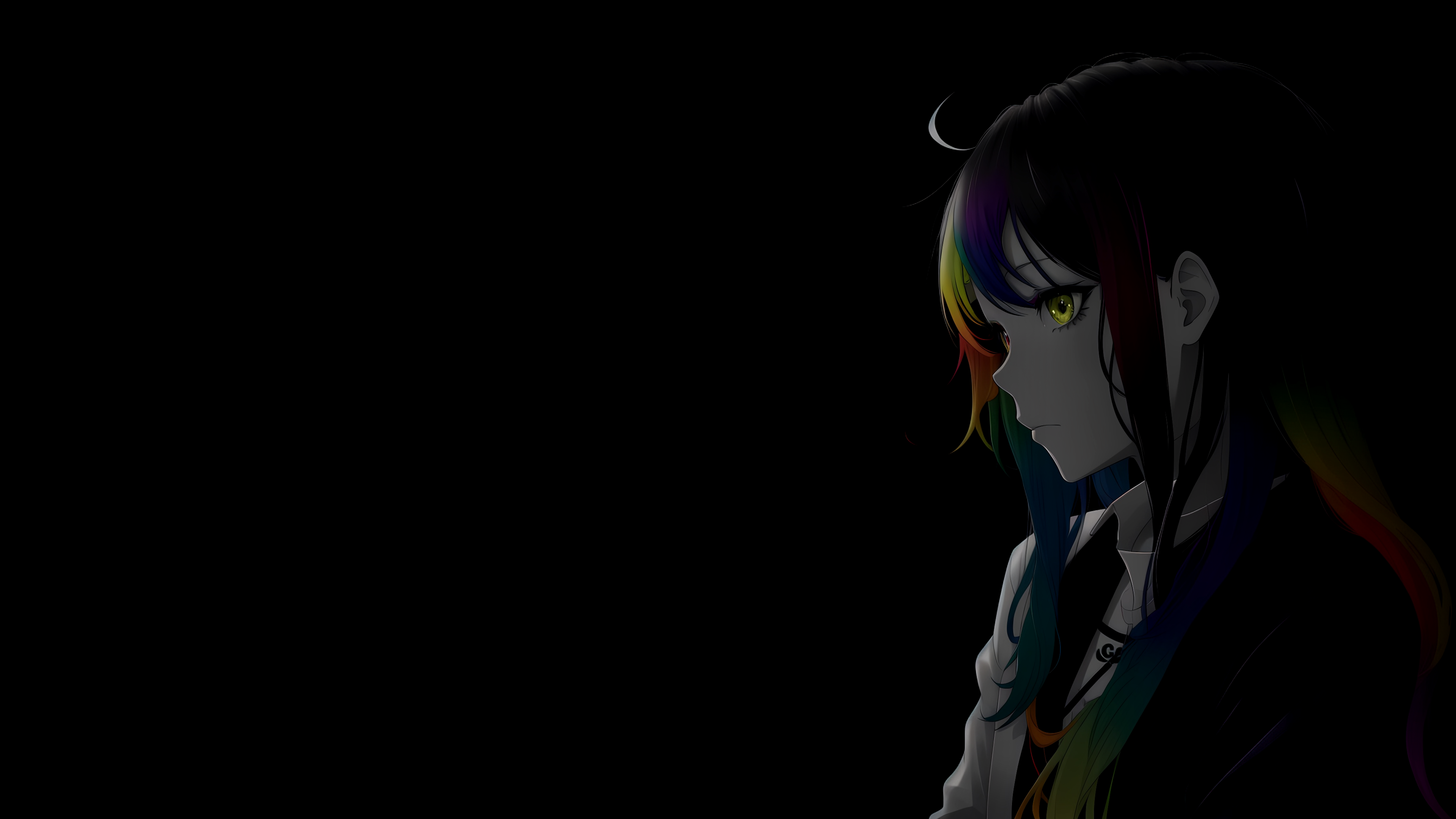 Anime 3840x2160 black background selective coloring anime girls multi-colored hair minimalism heterochromia simple background AI art