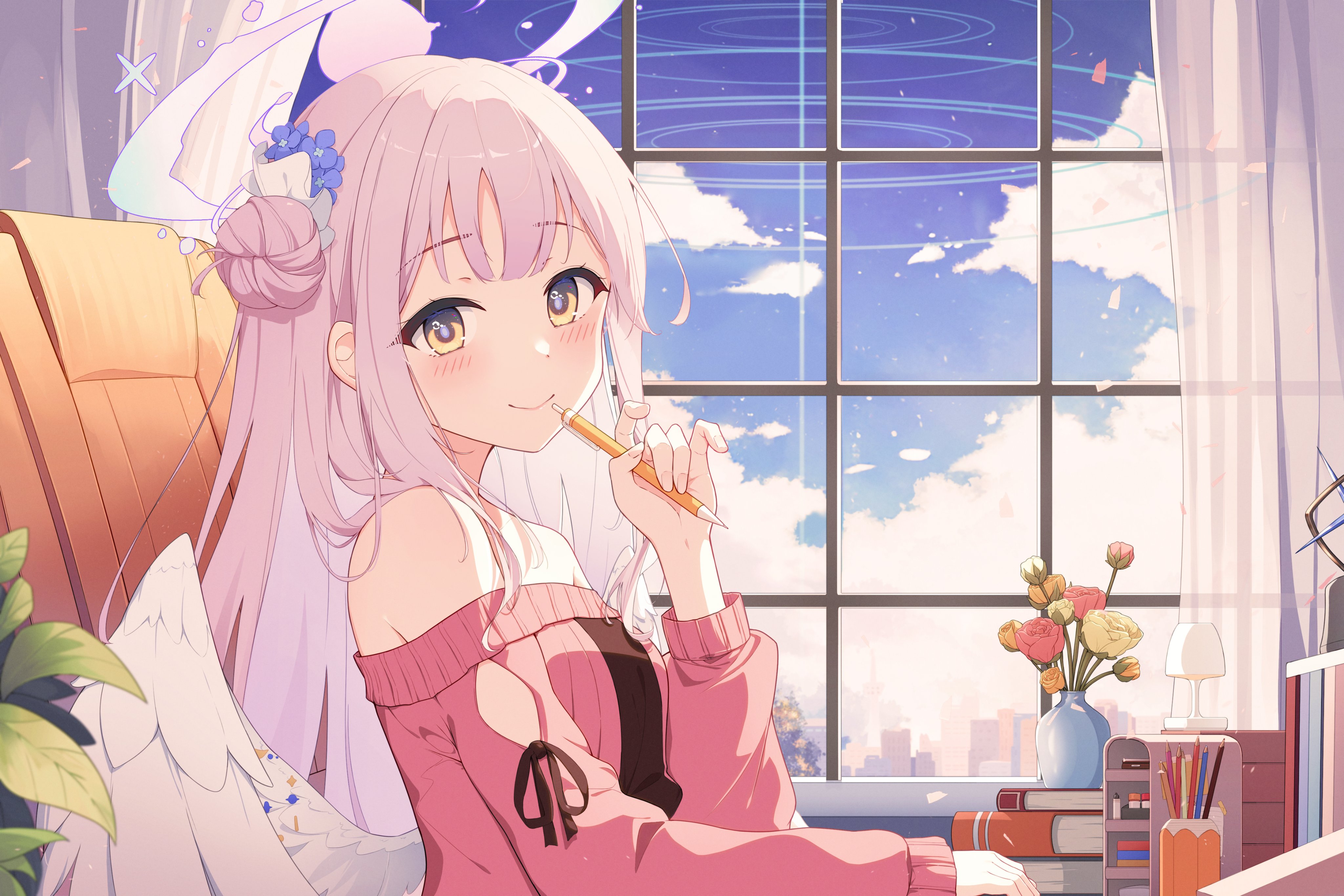 Anime 4096x2733 Blue Archive anime girls looking at viewer smiling Misono Mika window clouds flowers pencils wings blushing long hair pink hair hairbun curtains leaves