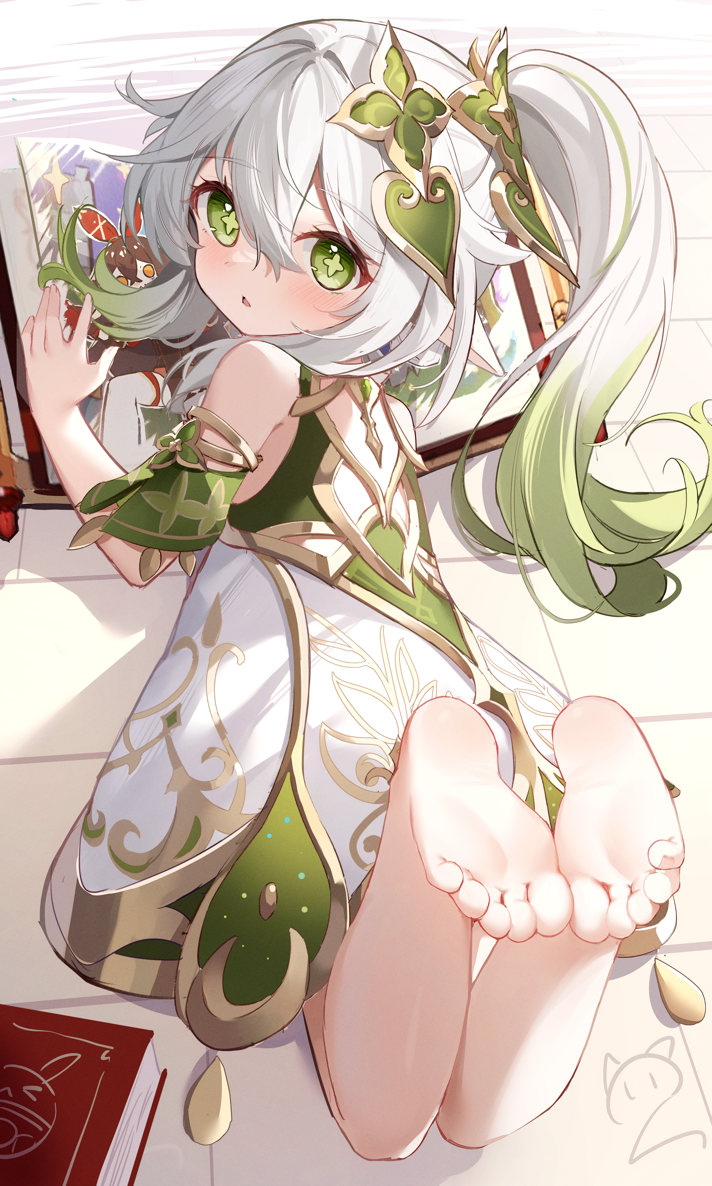Anime 2266x3776 artwork anime anime girls white hair ponytail side ponytail green eyes pointy ears elf girl barefoot portrait display feet foot sole looking at viewer gradient hair two tone hair looking back lying on front Nahida (Genshin Impact) Genshin Impact loli