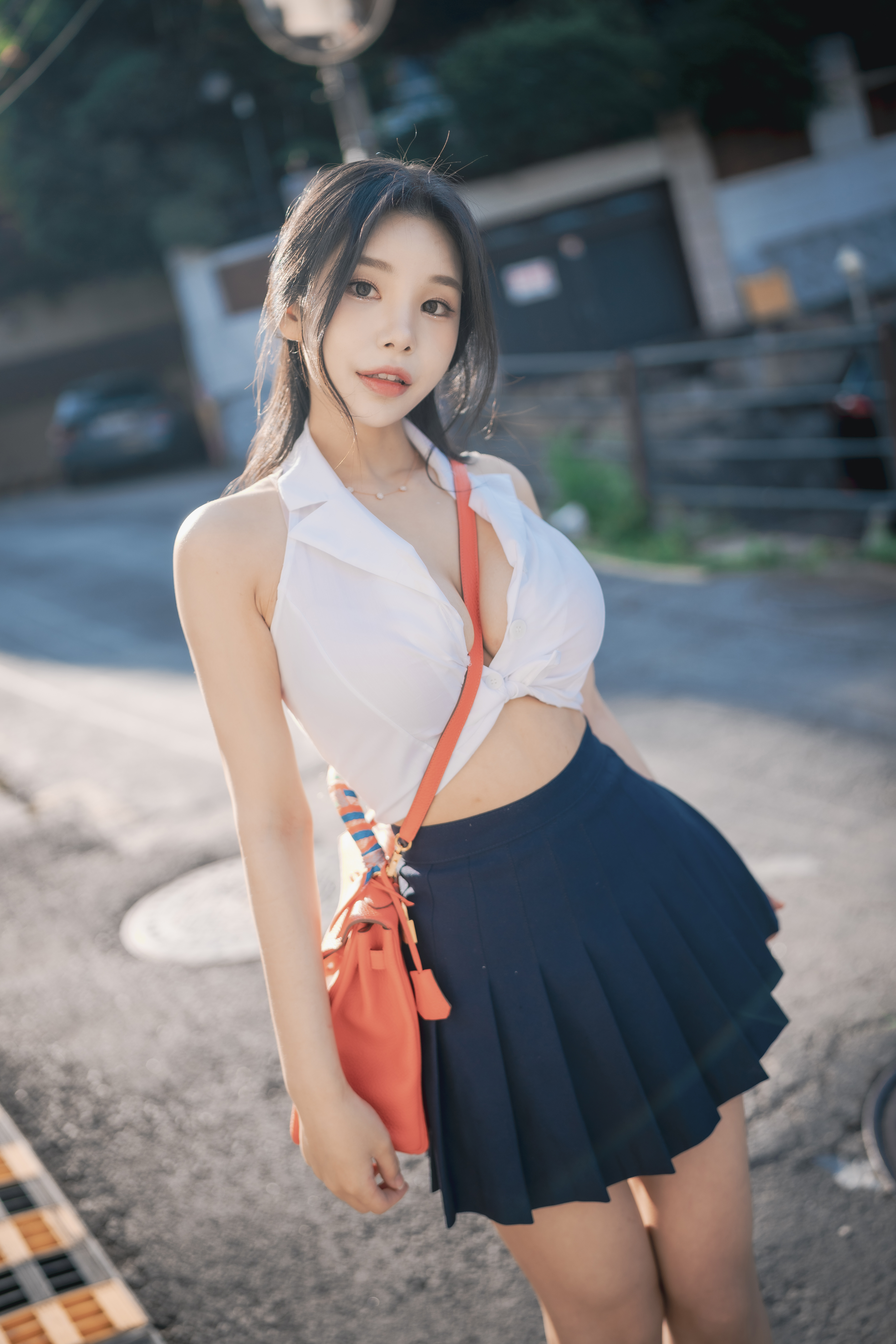 People 5760x8640 ZZYuri DJAWA women model Asian women outdoors white tops miniskirt tied top