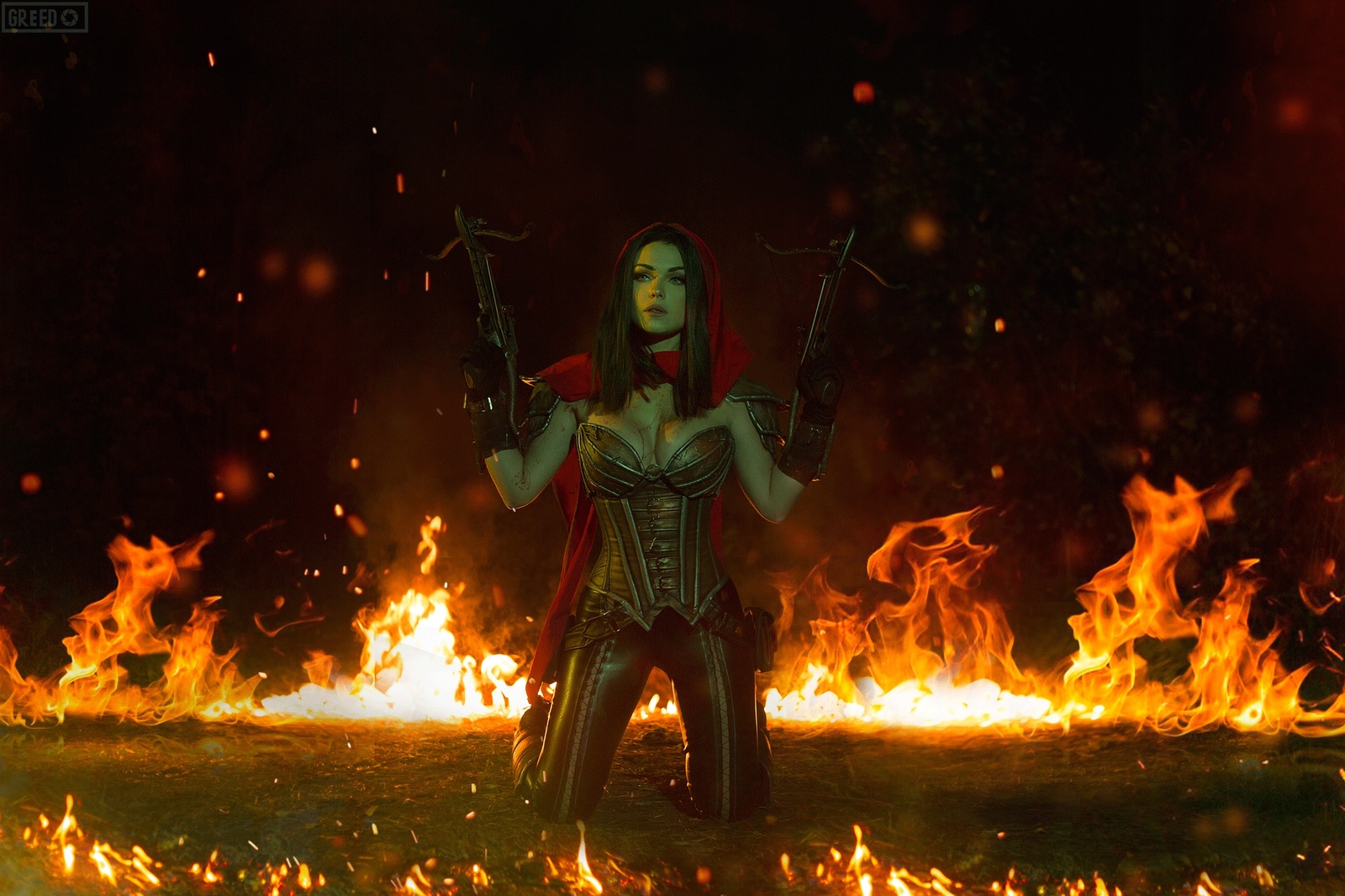 People 1600x1066 Irina Meier cosplay Diablo Demon Hunter (Diablo) corset huge breasts hoods crossbow women