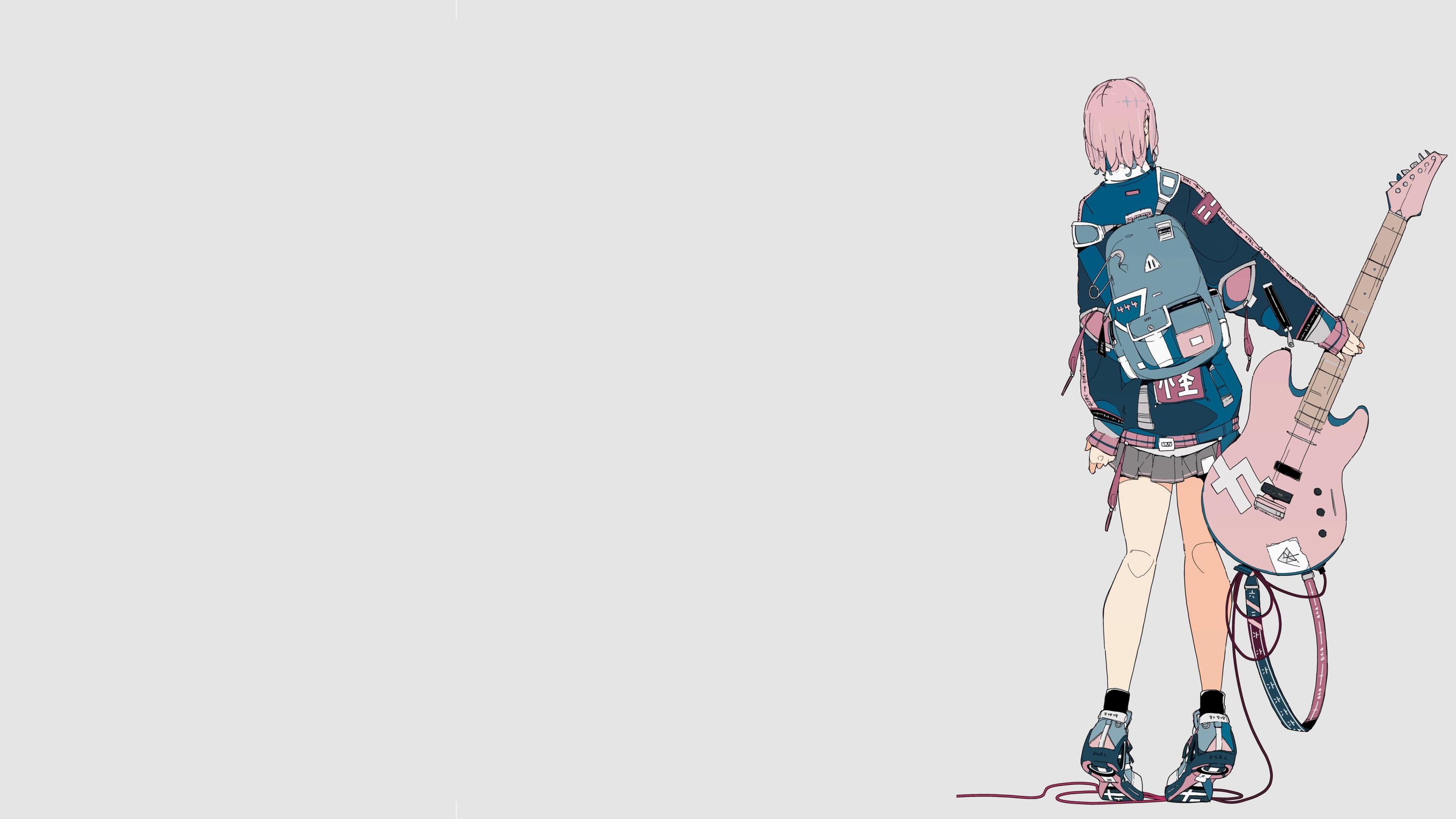 Anime 3840x2160 daisukerichard anime girls original characters simple background guitar musical instrument backpacks minimalism