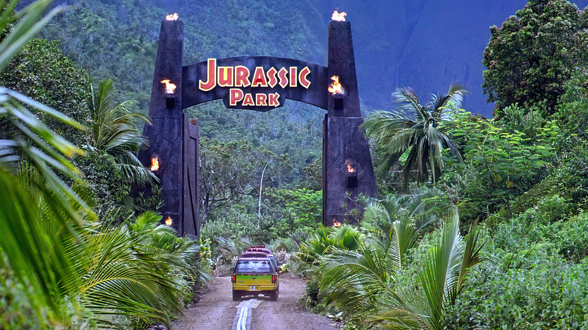 General 1920x1080 Jurassic Park jungle movies film stills car sign logo plants palm trees gates torches