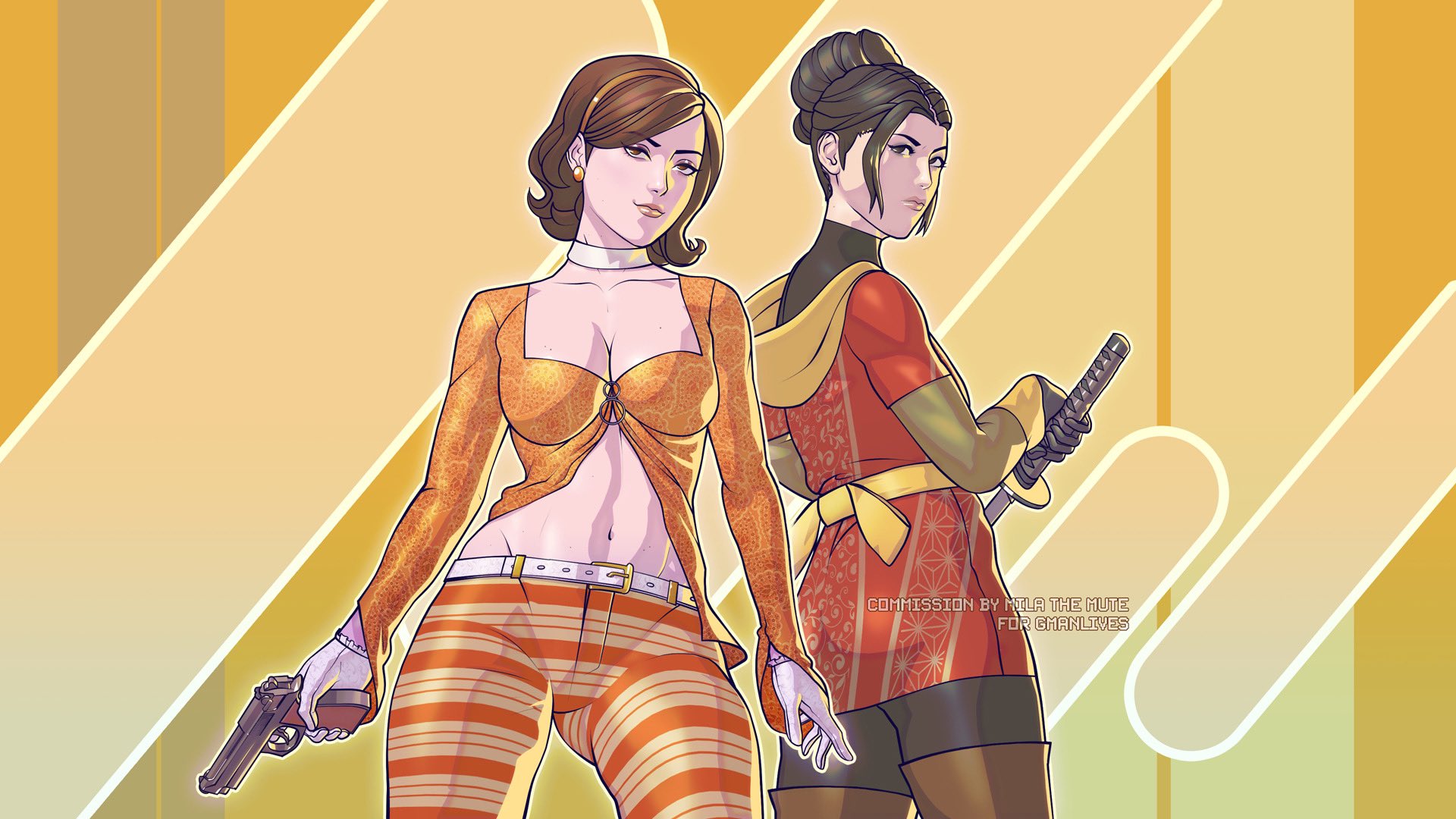 General 1920x1080 girls with guns women No One Lives Forever Kate Archer belly button bare midriff pistol katana Japan video game characters weapon gun cleavage minimalism simple background looking at viewer earring big boobs