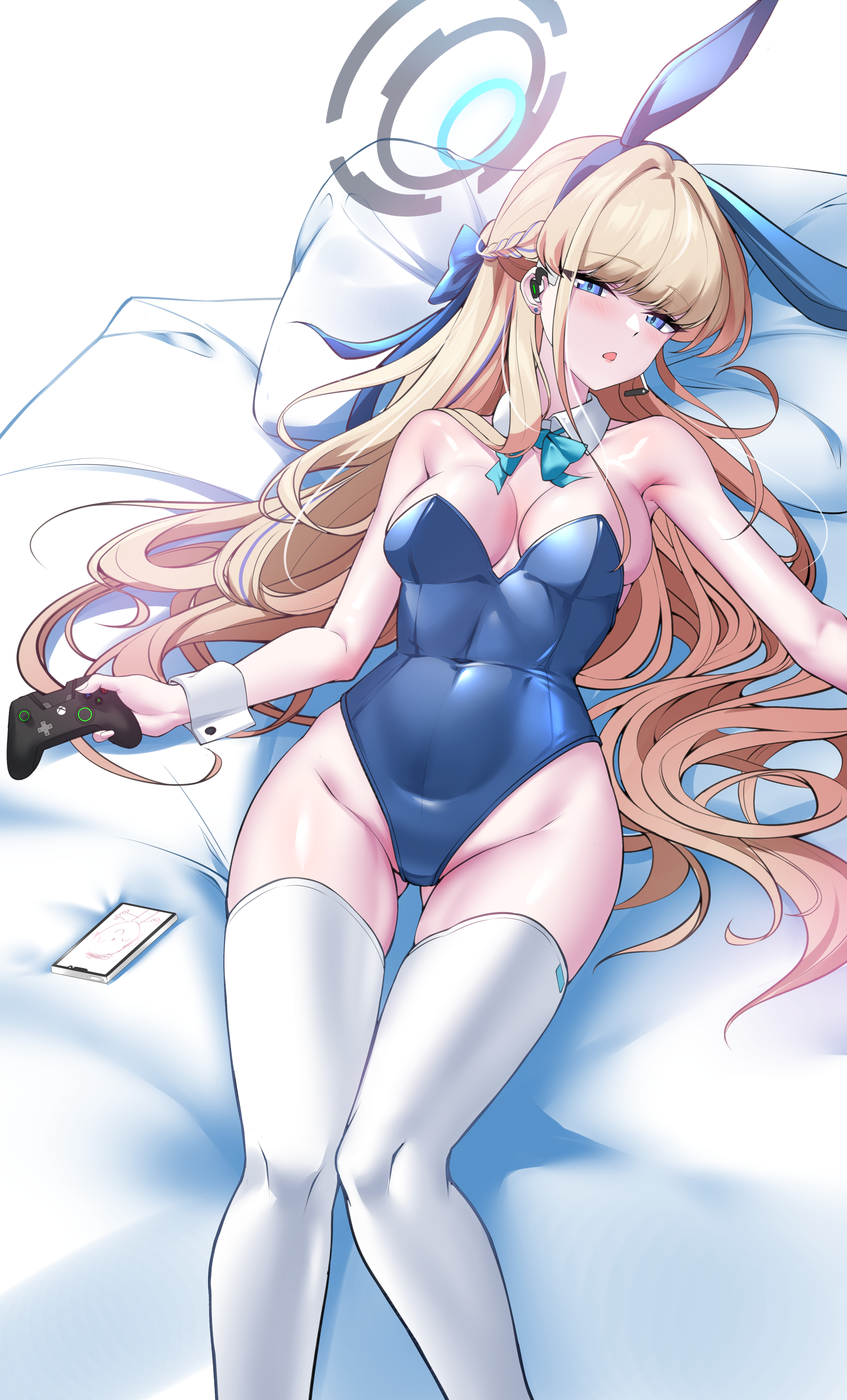 Anime 3024x5000 Blue Archive Elze anime girls in bed portrait display controllers bunny girl bunny suit leotard blue leotard thigh-highs blonde blue eyes long hair phone looking at viewer smartphone boobs blushing bare shoulders high angle lying down lying on back stockings two tone hair earphones bunny ears gradient Asuma Toki (Blue Archive) thighs bow tie pillow