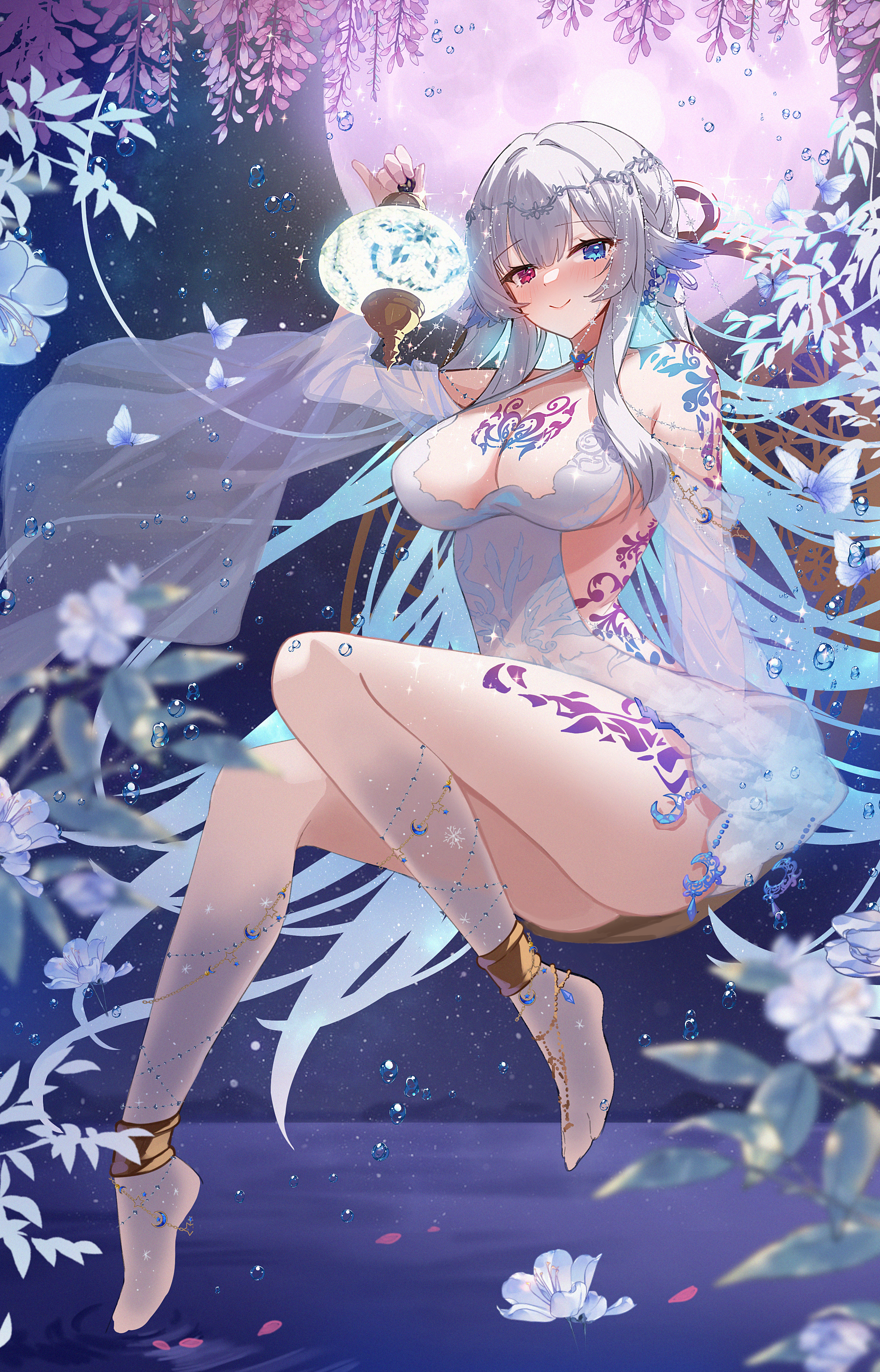 Anime 2500x3900 Apple a Caramel dress portrait display tattoo anime girls long hair gray hair heterochromia smiling bare shoulders Moon full moon sitting two tone hair blue hair cleavage big boobs flowers water water drops see-through clothing leaves bubbles butterfly hair ornament lantern looking at viewer stars starry night night multi-colored hair see-through robe ass blushing jewelry red moon anklet