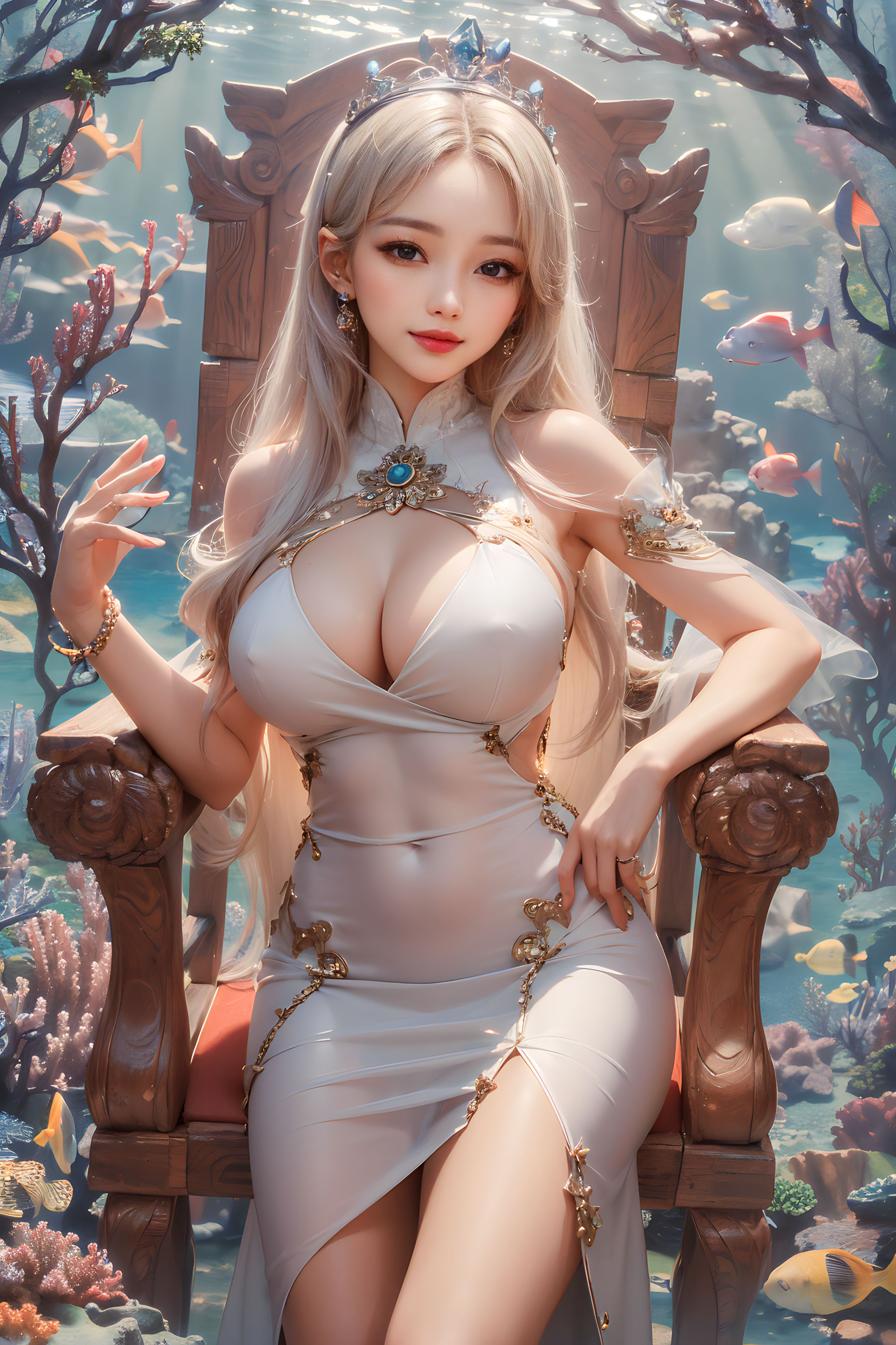 Aibot Long Hair Blonde Looking At Viewer Big Boobs Cleavage Asian Women Sitting Smiling