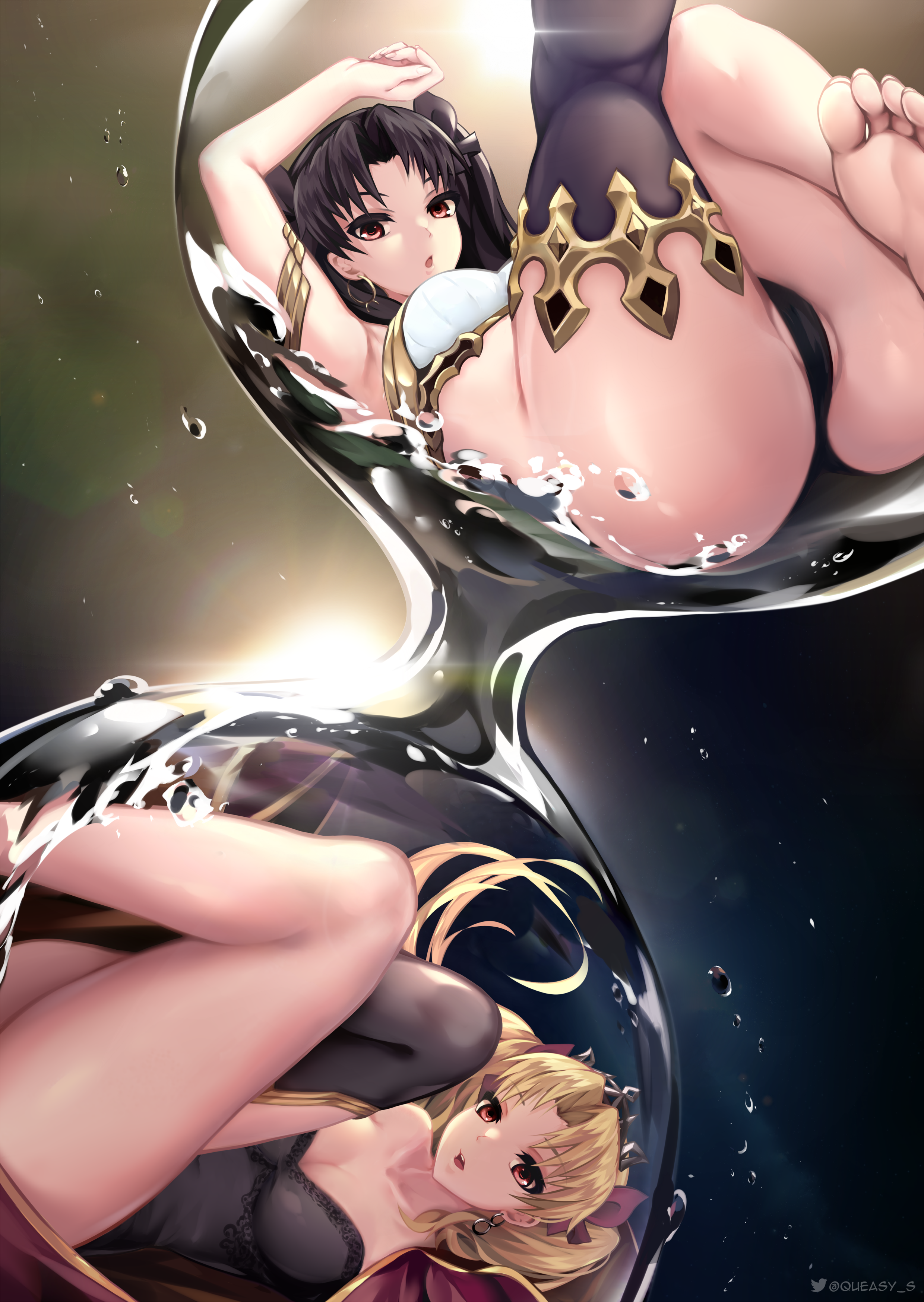 Anime 2480x3496 QueasyS portrait display anime anime girls Fate series two women Fate/Grand Order water Ereshkigal (Fate/Grand Order) Ishtar (Fate/Grand Order) bubbles looking at viewer hourglasses ass missing stocking stockings long hair blonde black hair big boobs open mouth red eyes thighs feet cleavage armpits lying down water drops lip slip earring toes simple background tiaras hair ribbon