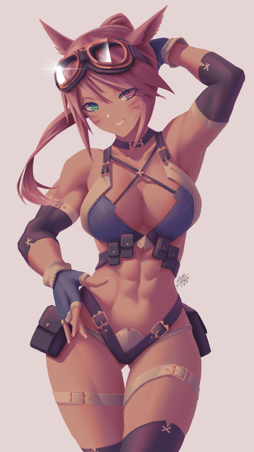 Anime 1080x1920 muscular pointy ears goggles strong woman heterochromia belly gloves looking at viewer portrait display big boobs anime girls abs choker Final Fantasy XIV: A Realm Reborn Miqo'te