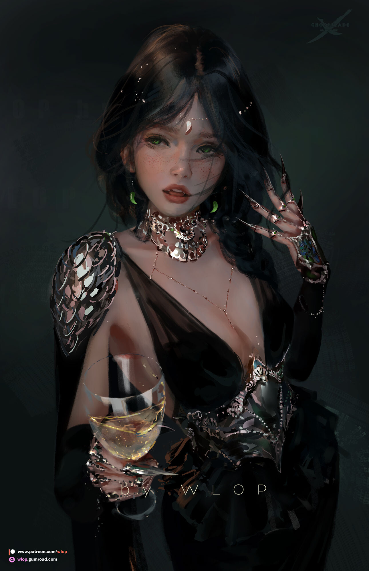 General 1290x1992 WLOP drawing women dark hair green eyes dress black clothing champagne jewelry simple background portrait display cleavage wine glass