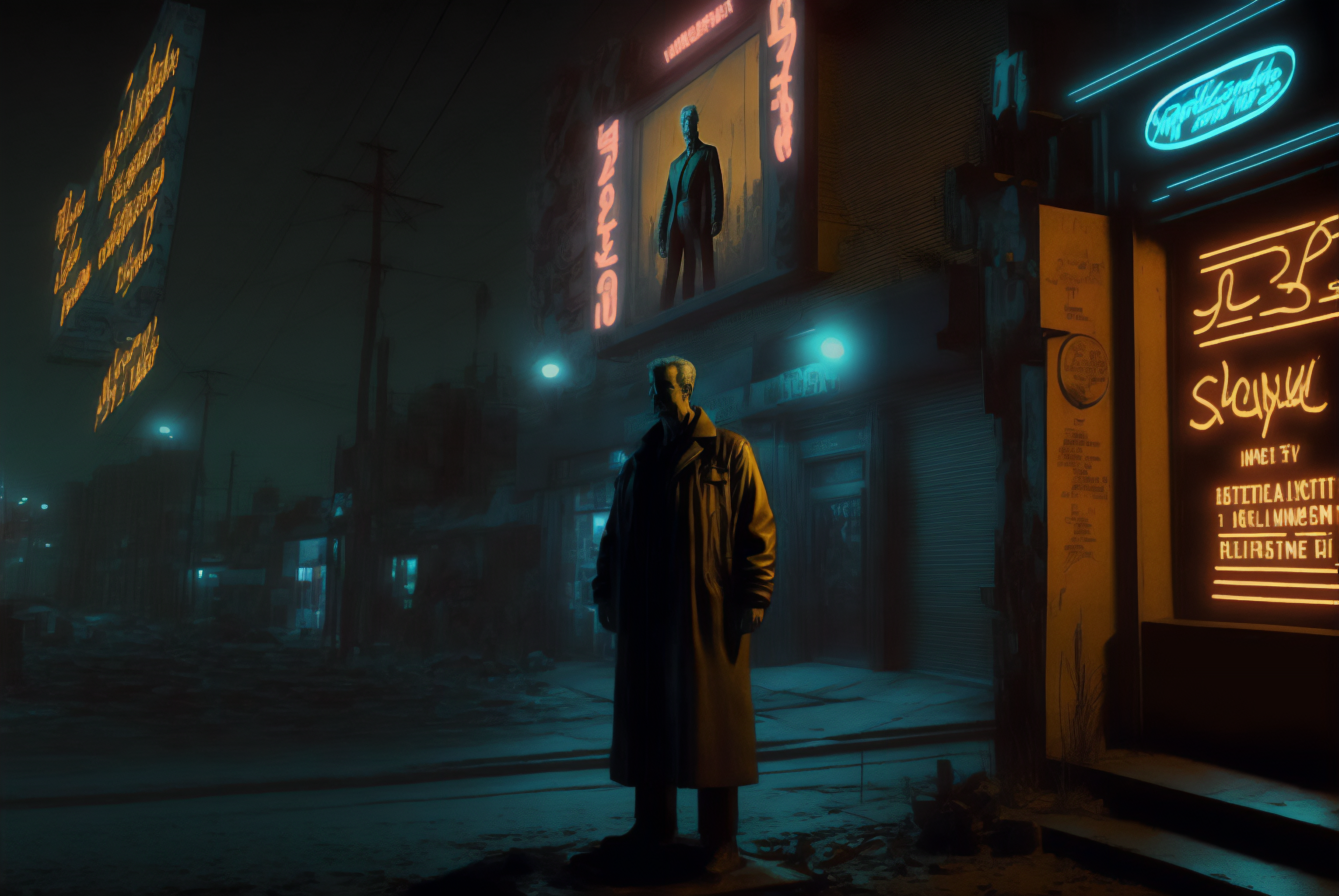 General 3060x2048 AI art Blade Runner cyberpunk noir city street rain neon detectives city lights