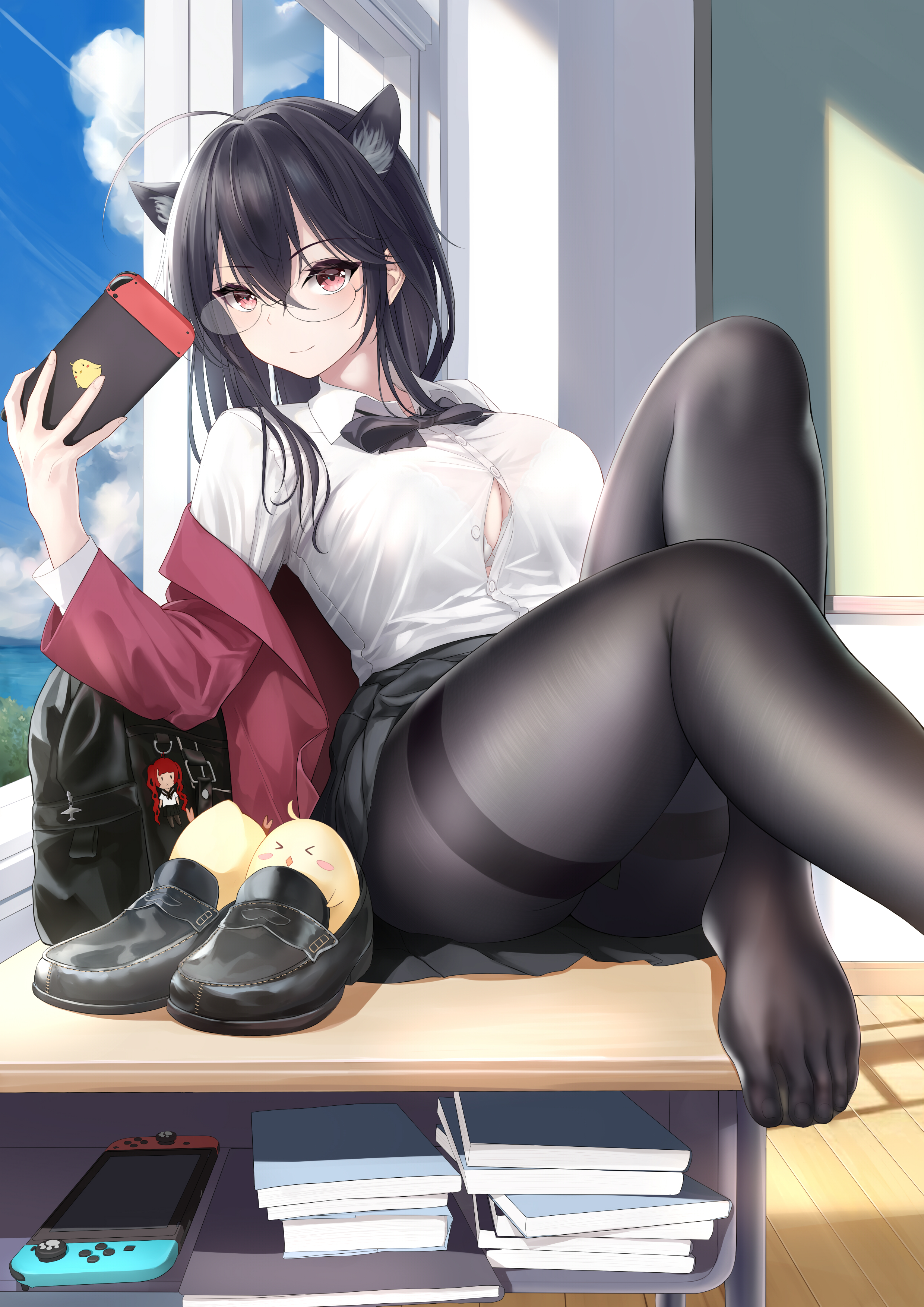 Anime 2480x3507 anime anime girls portrait display pantyhose schoolgirl school uniform Taihou (Azur Lane) desk glasses women with glasses hair between eyes shoes classroom Nintendo Switch consoles closed mouth smiling clouds sky cat girl off shoulder YotubanoShigatu sunlight window backpacks looking at viewer sitting pointed toes bow tie skirt