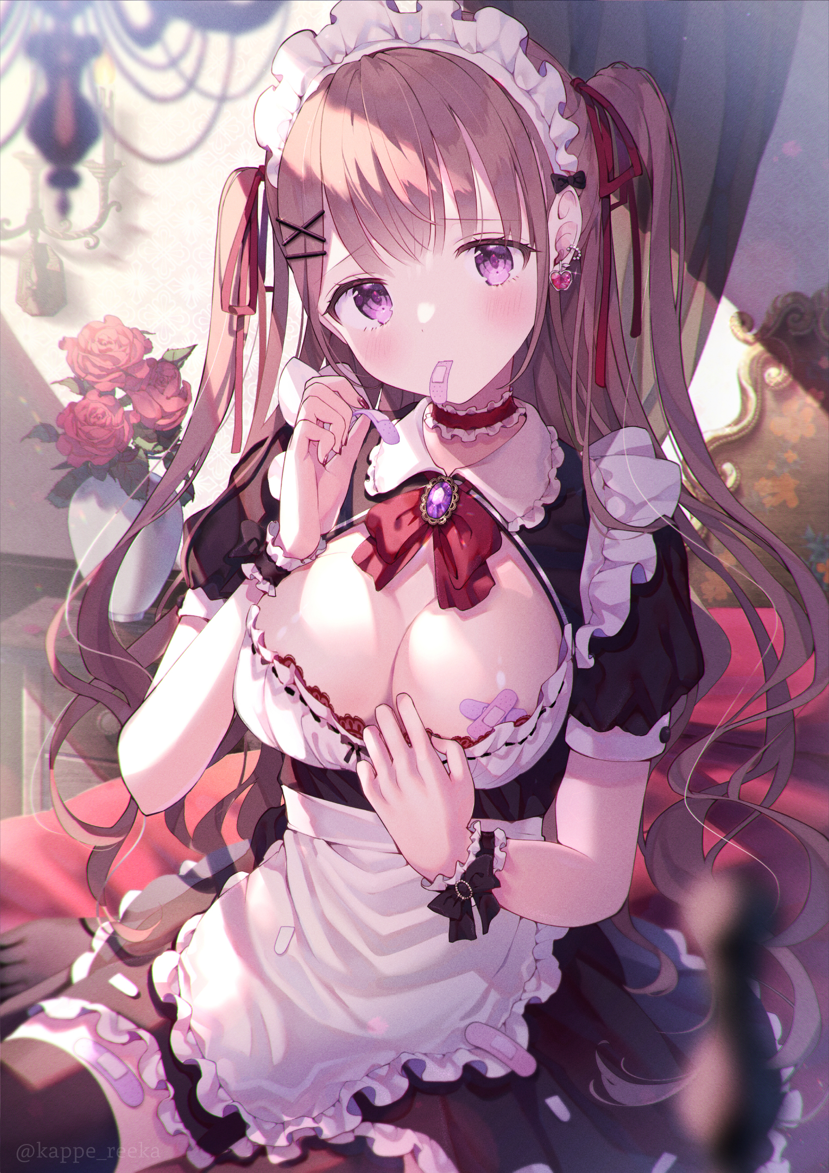 Anime 1686x2384 anime anime girls maid maid outfit cleavage band-aid twintails big boobs choker purple eyes rose flowers portrait display taped nipples