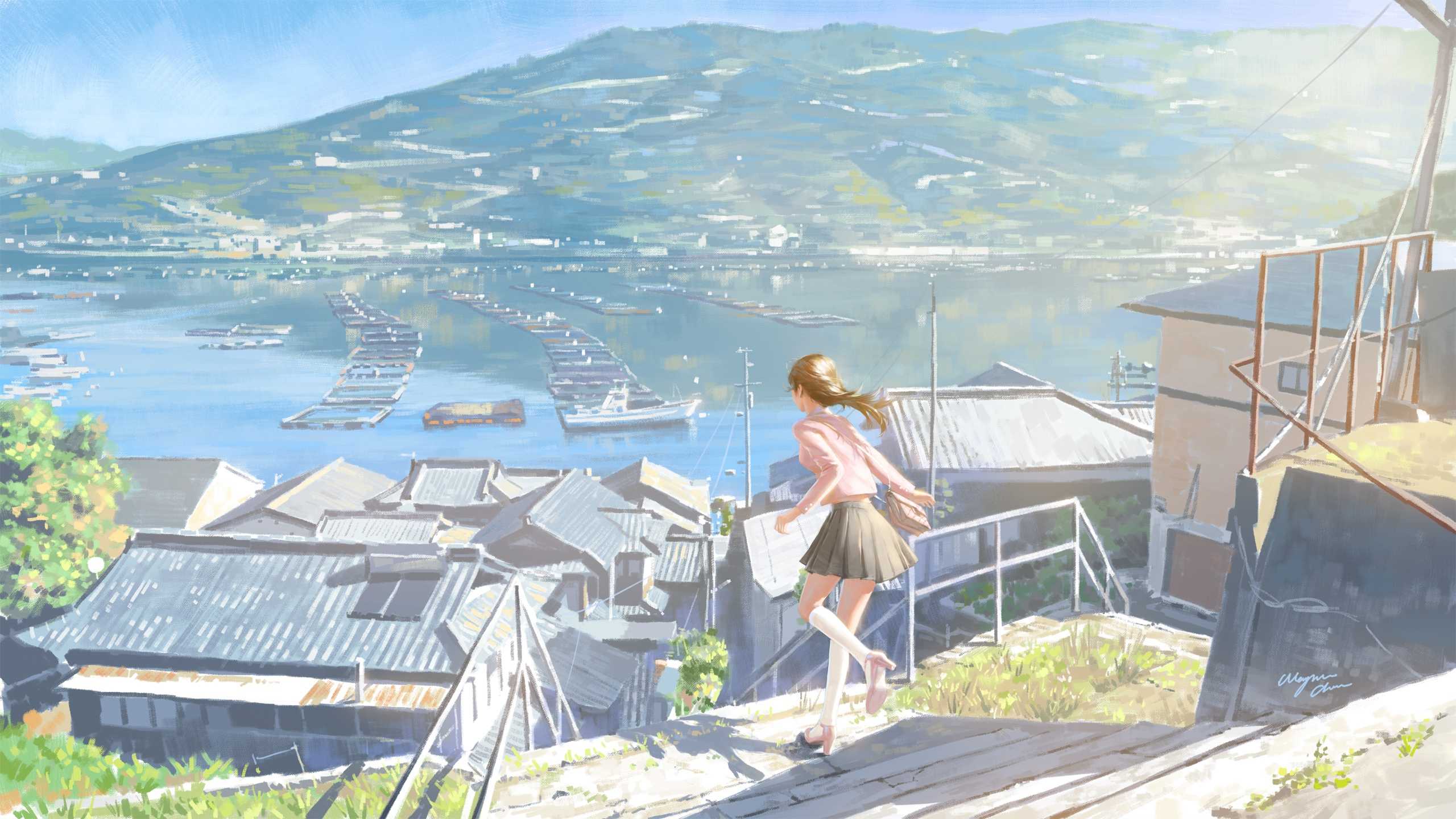 Anime 2560x1440 street art anime girls water mountains heels high angle stairs