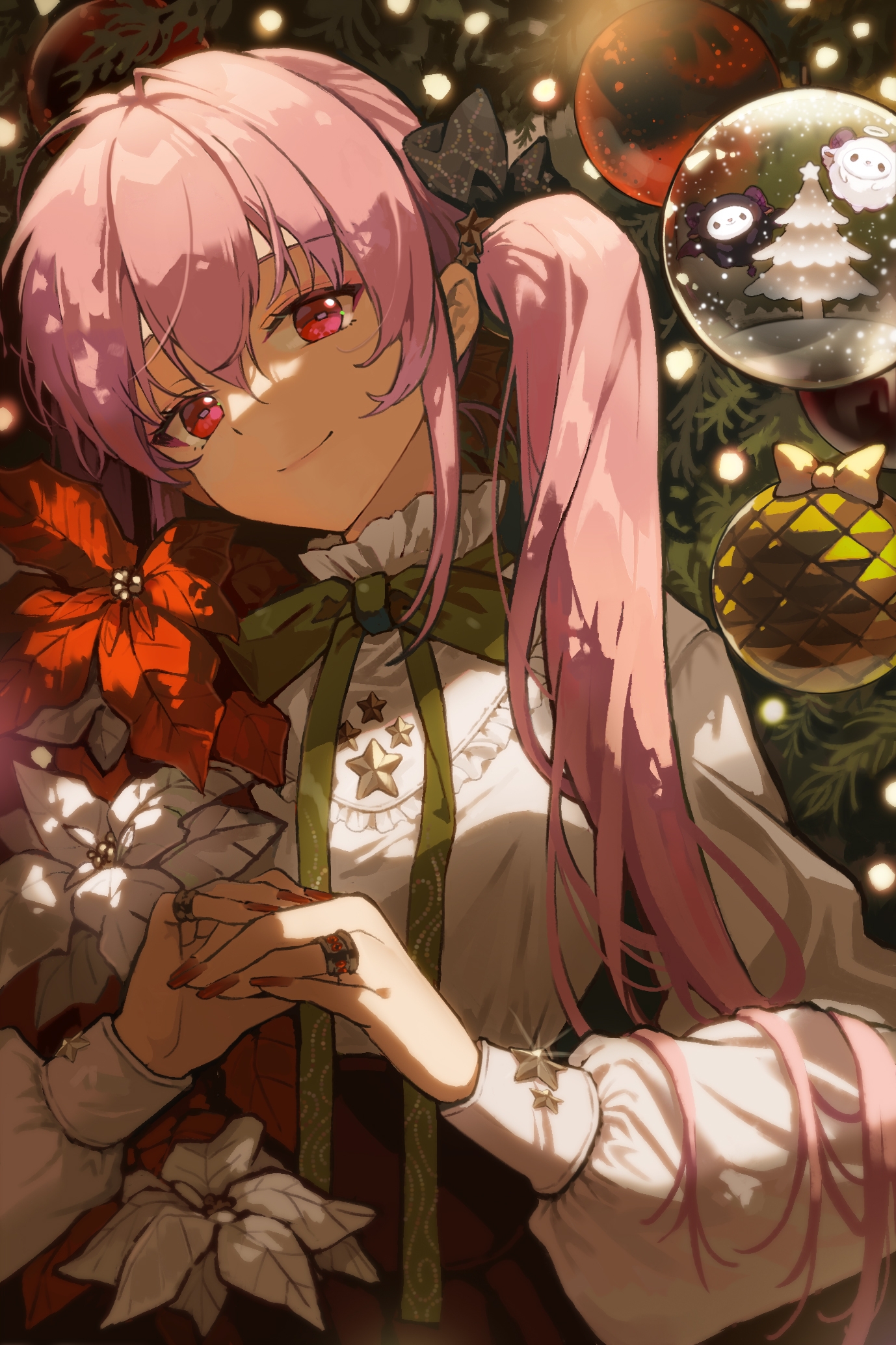 Anime 1378x2067 anime anime girls portrait display flowers twintails Christmas Christmas ornaments  Christmas tree pink hair red eyes