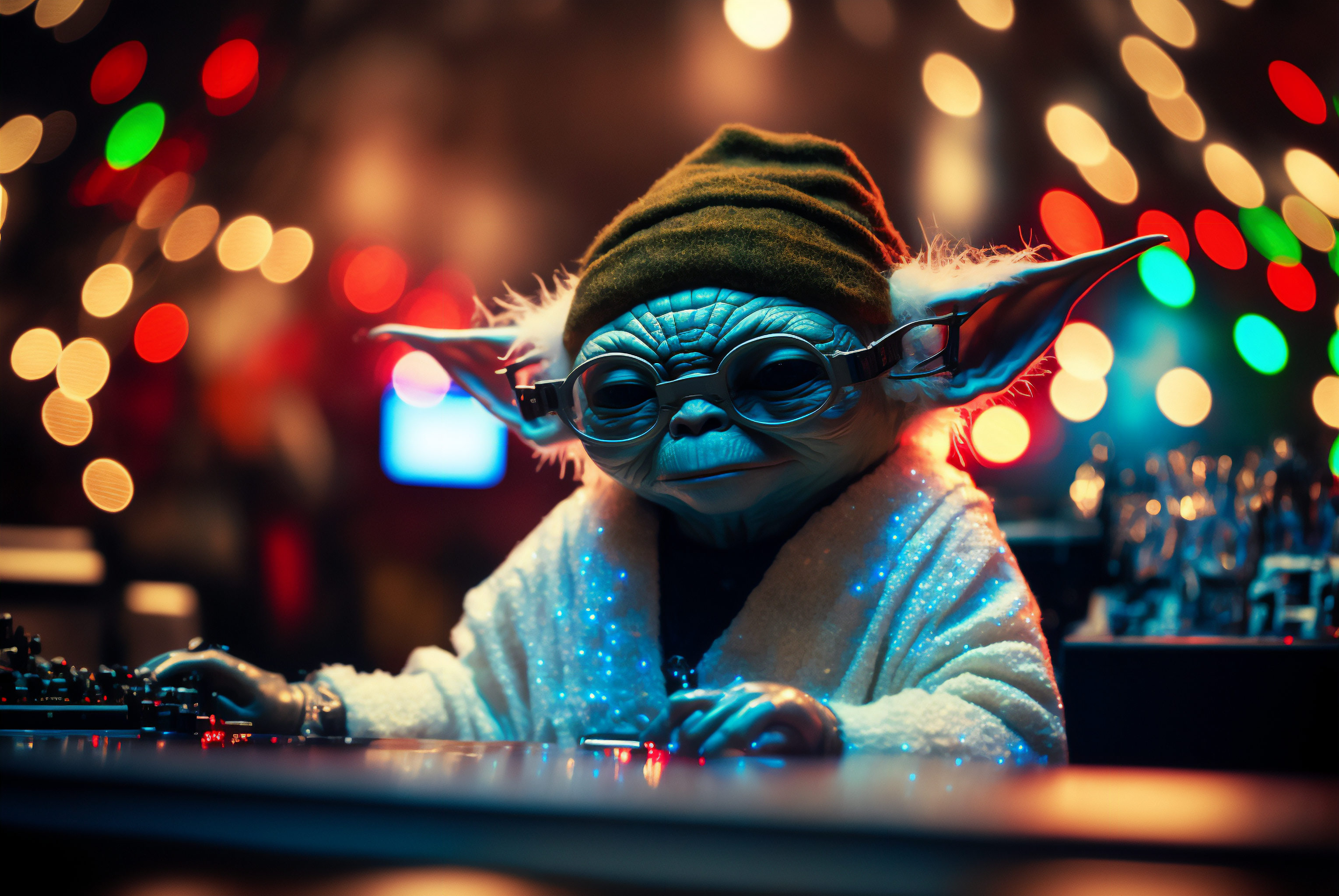 General 3060x2048 AI art disc jockey Party Room bokeh Yoda Star Wars Christmas Santa hats lights movie characters