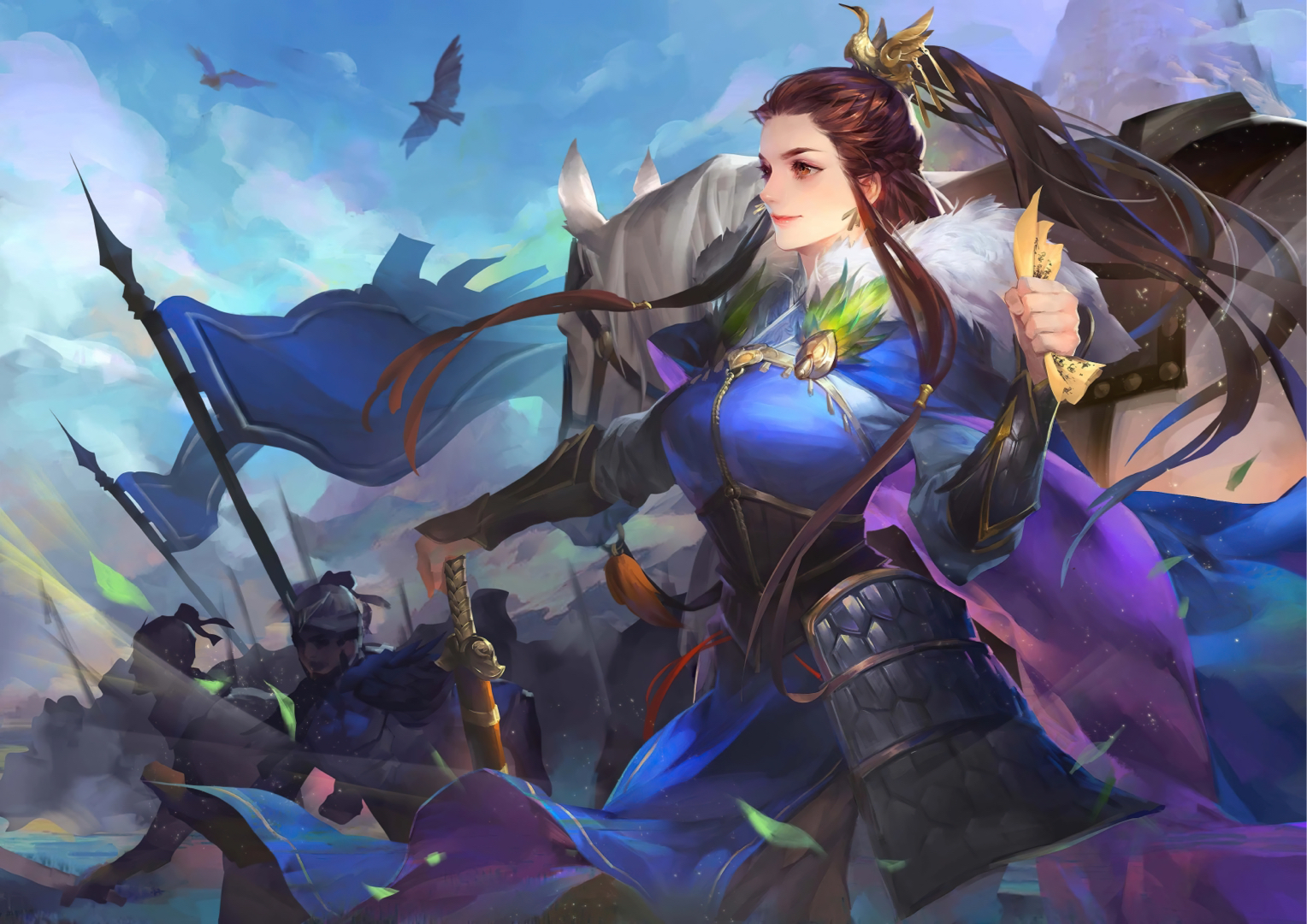 General 1528x1080 video game characters Three Kingdoms video games video game art video game girls video game men armor sword weapon birds animals leaves